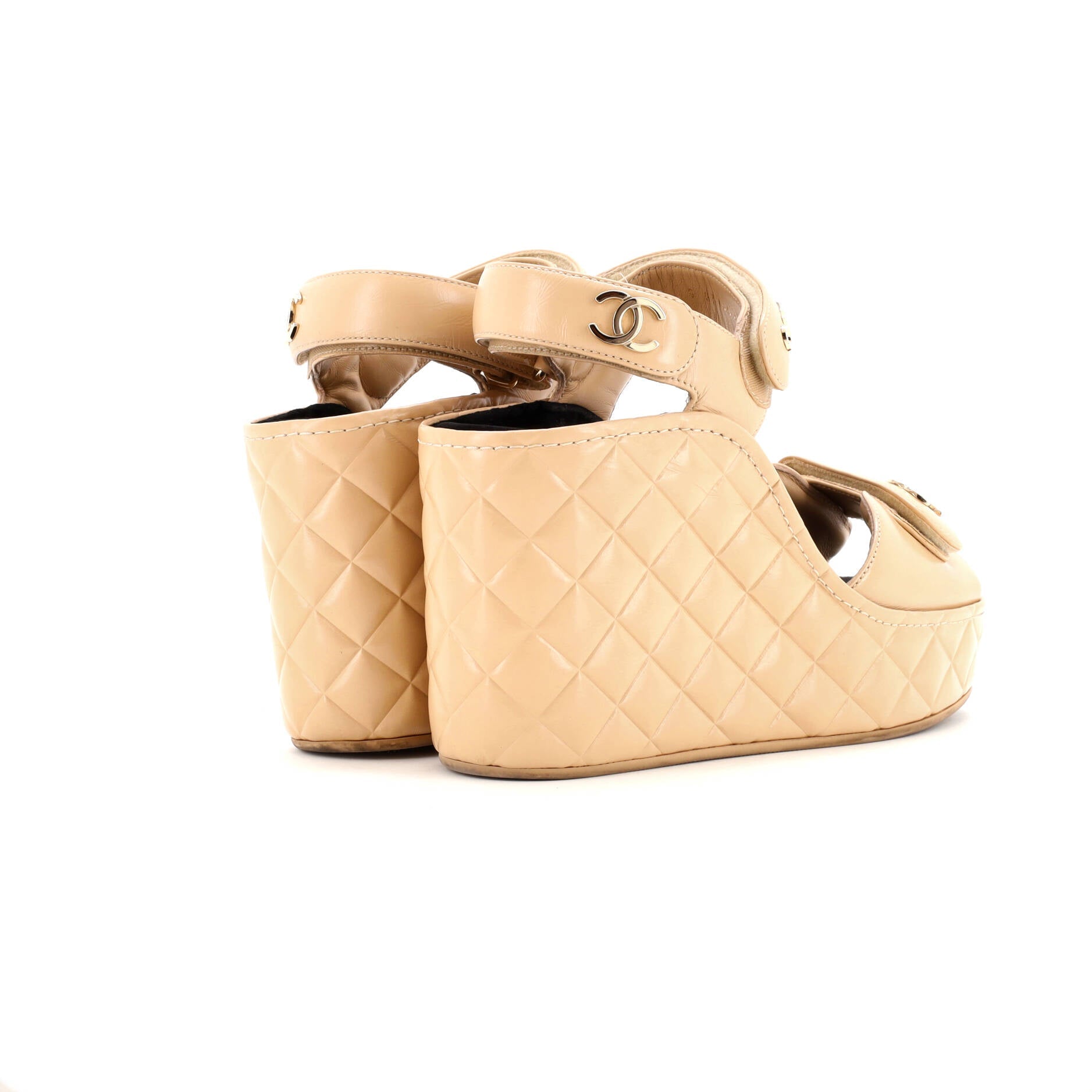 Women's Logo Velcro Strap Wedge Sandals Quilted Leather