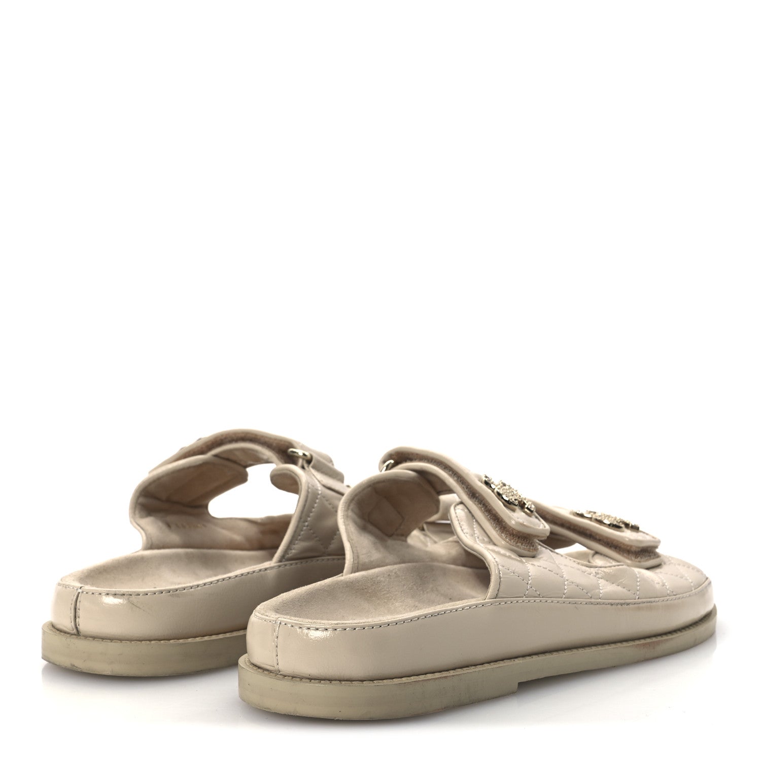 Shiny Calfskin Quilted Velcro Dad Crystal CC Slide Sandals 39 Beige