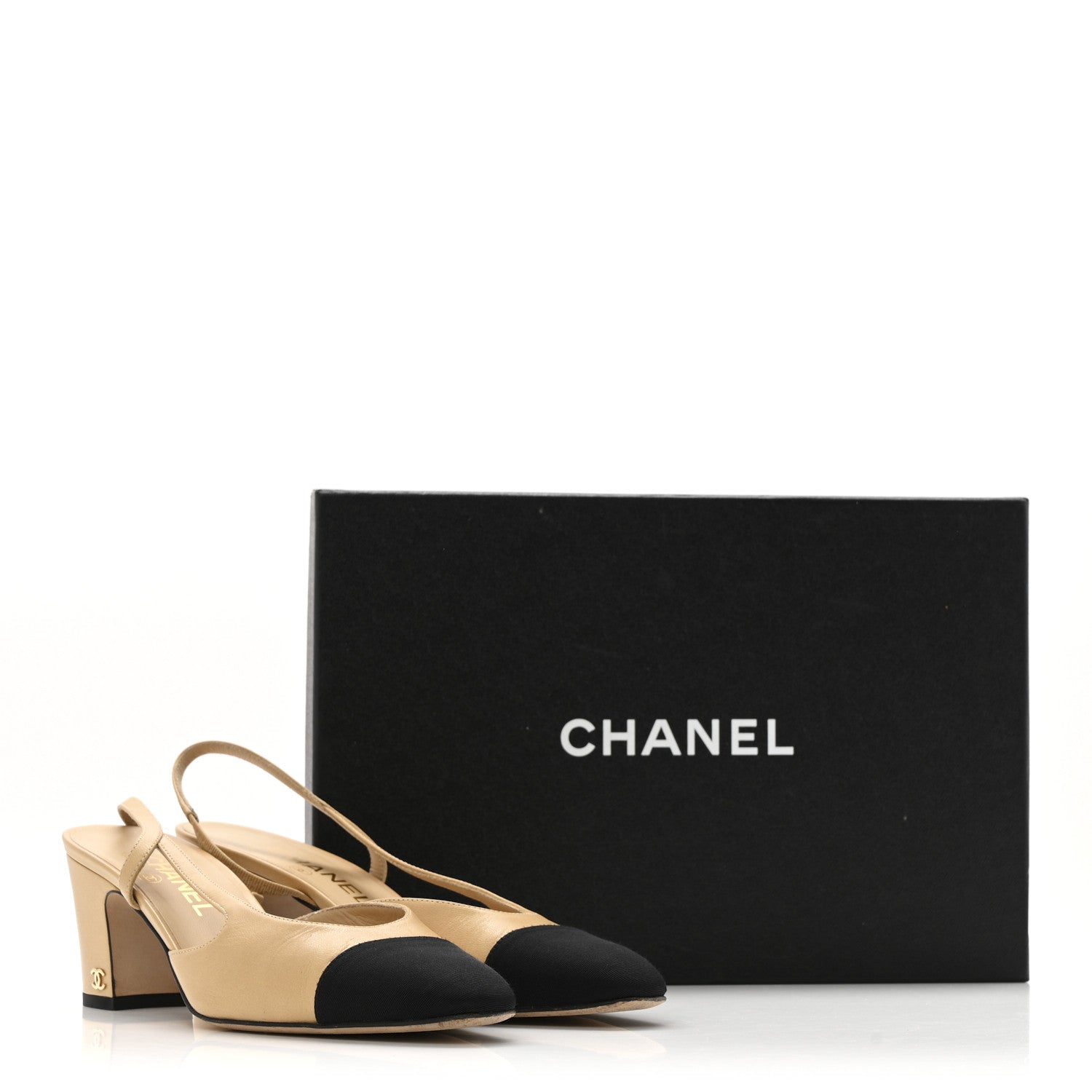Goatskin Grosgrain Cap Toe CC Slingback Pumps 38.5 Beige Black