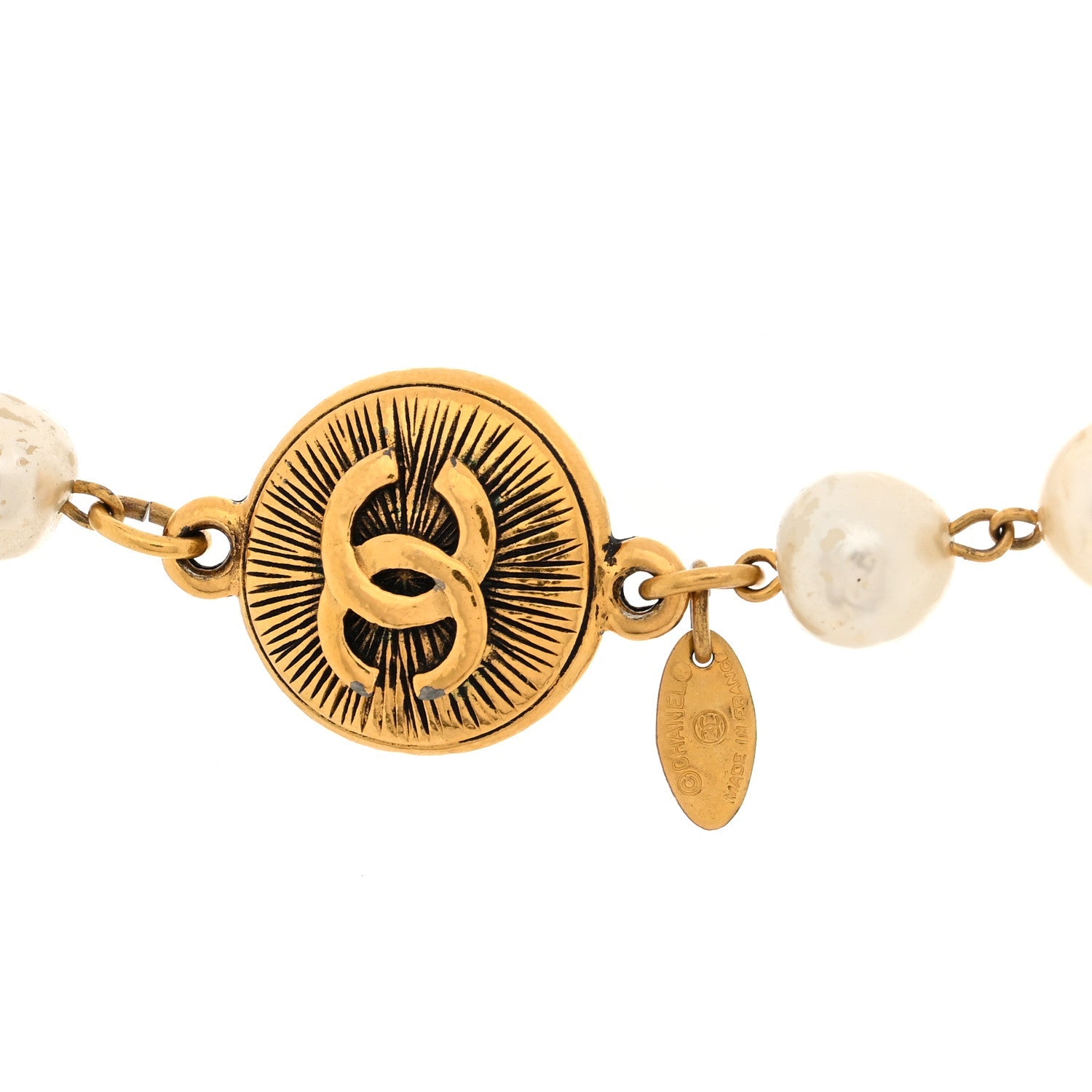 Metal Pearl CC Long Strand Necklace Gold White