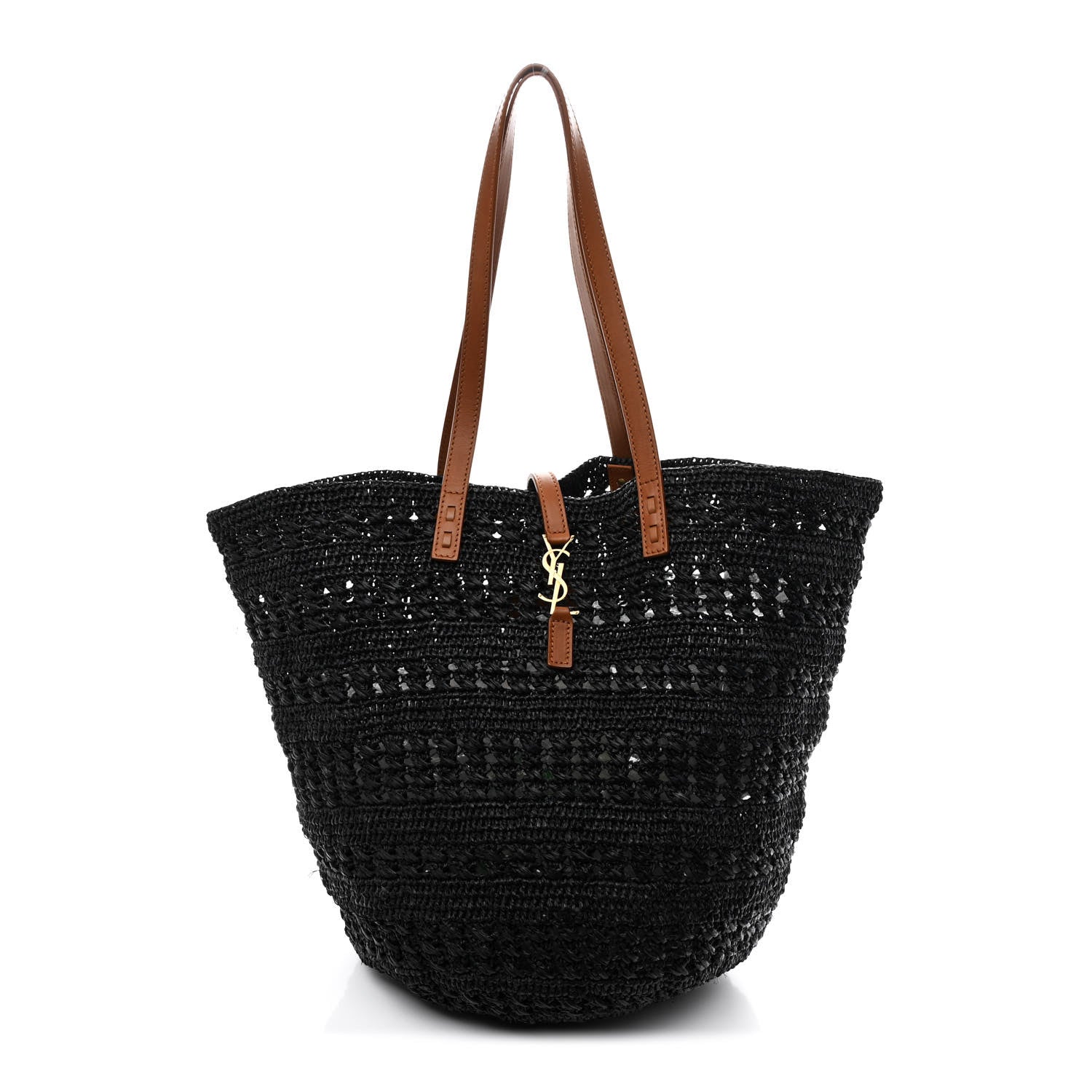Raffia Calfskin Medium Panier Tote Black