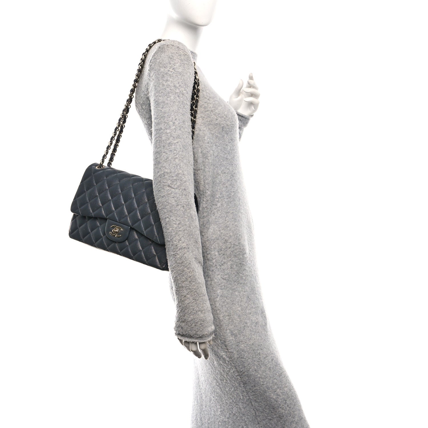 Caviar Quilted Jumbo Double Flap Dark Grey