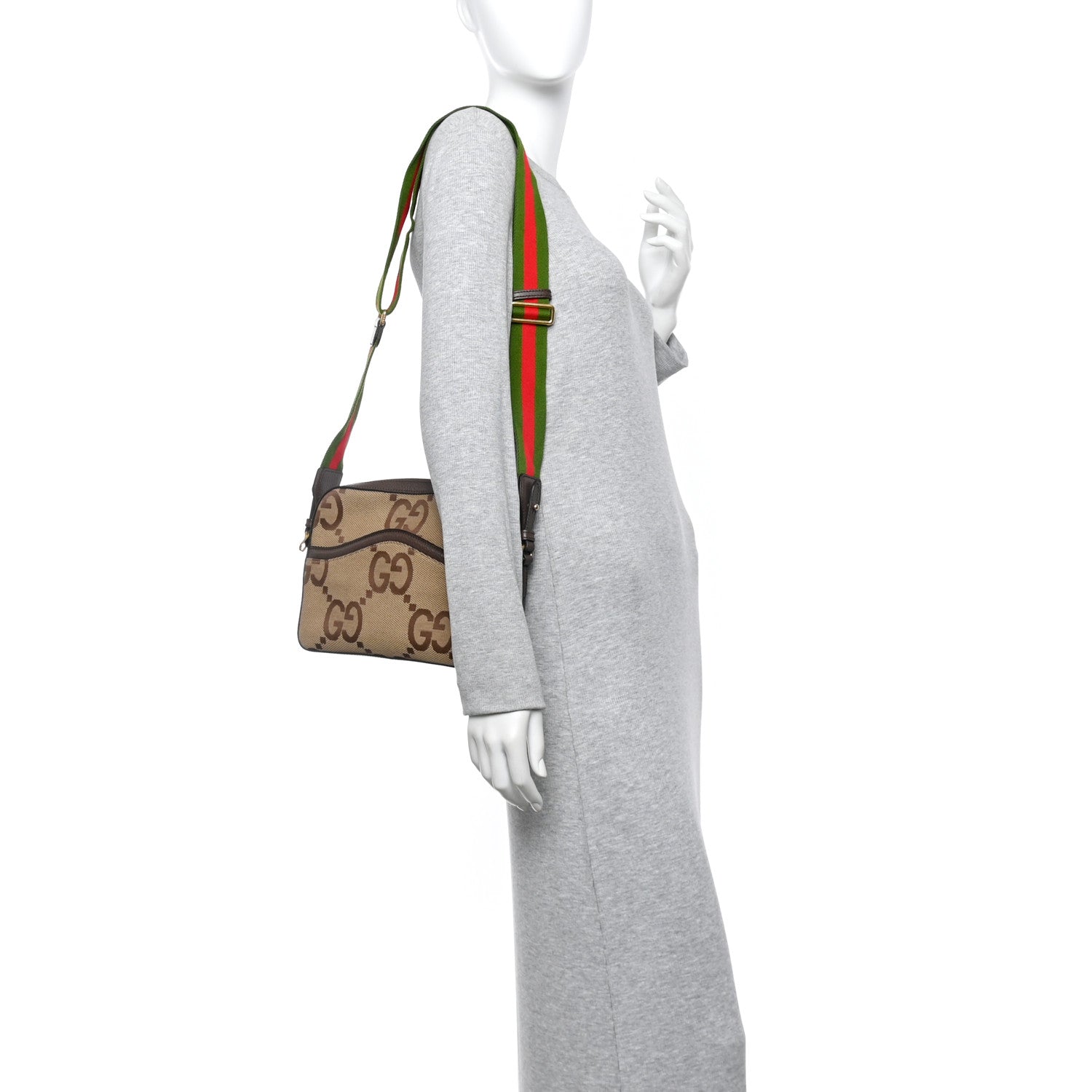 Monogram Jumbo GG Textured Dollar Calfskin Web Messenger Shoulder Bag Camel Ebony New Acero