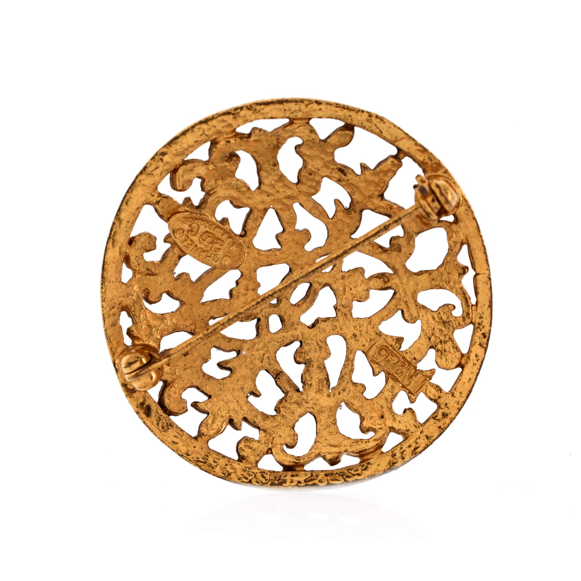 Vintage Round CC Brooch Textured Metal