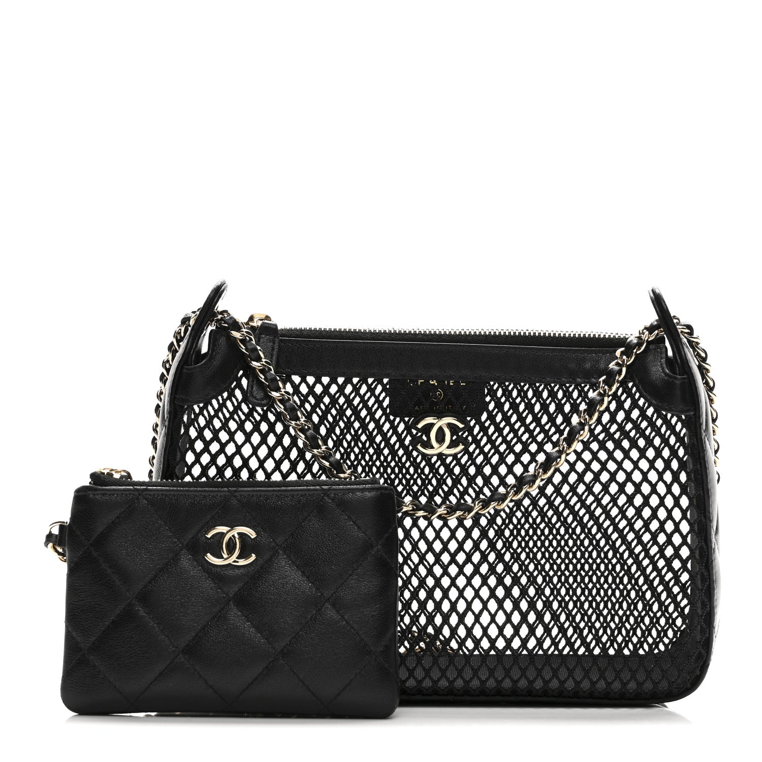 Mesh Shiny Lambskin Clutch With Chain  Black