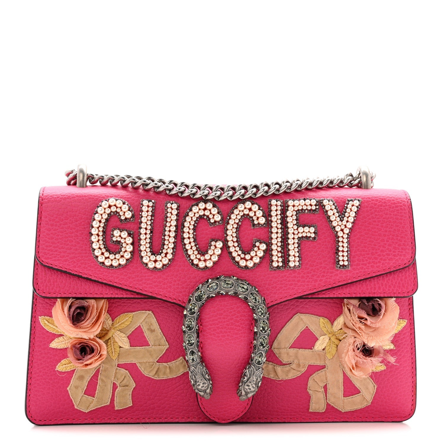 Pebbled Calfskin Embellished Guccify Small Dionysus Shoulder Bag Rosa
