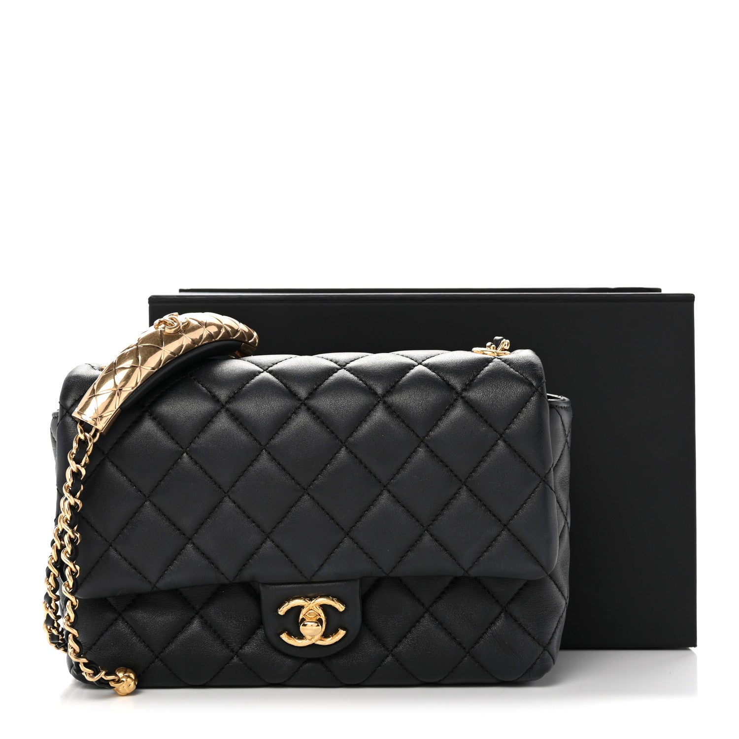 Lambskin Quilted Mini Quilted Handle Crush Flap Black