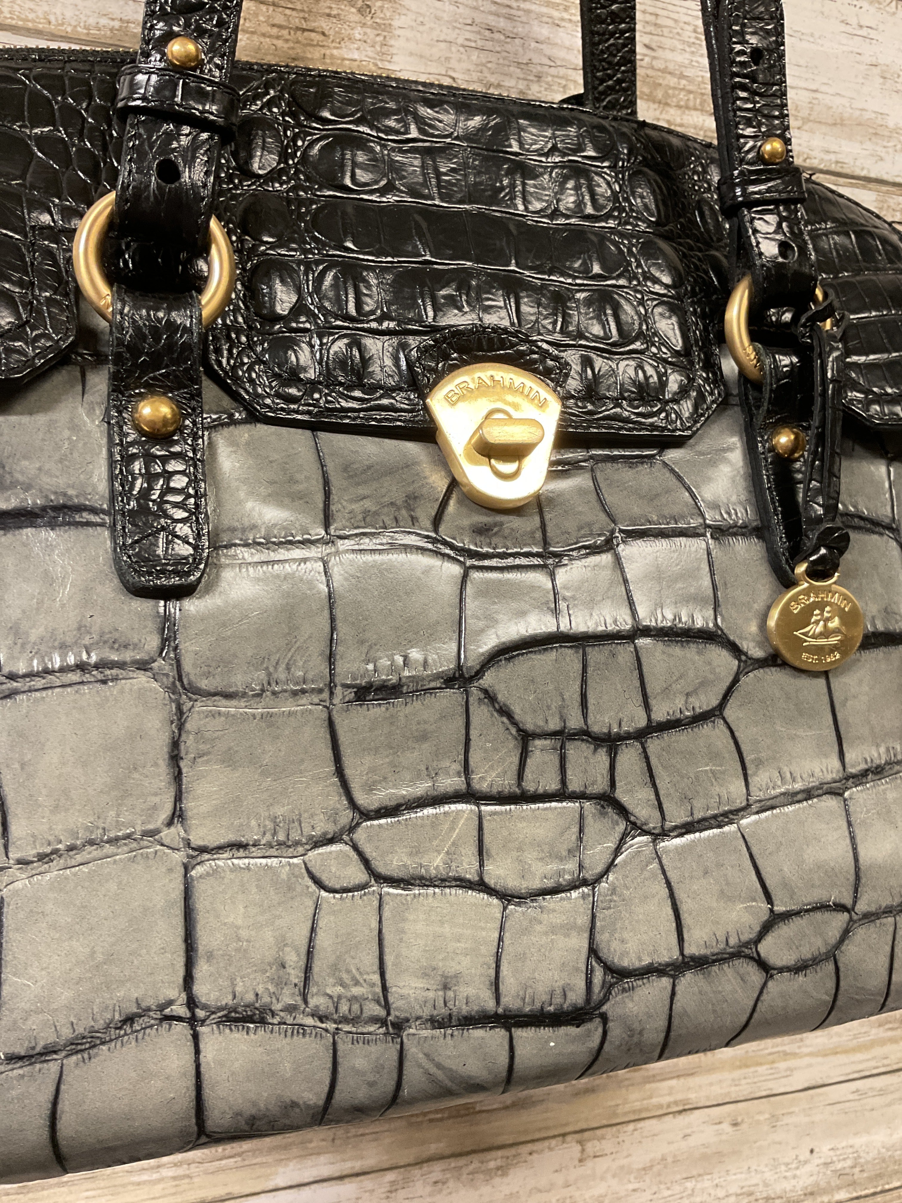 Handbag Designer By Brahmin In Black & Grey, Size:Medium
