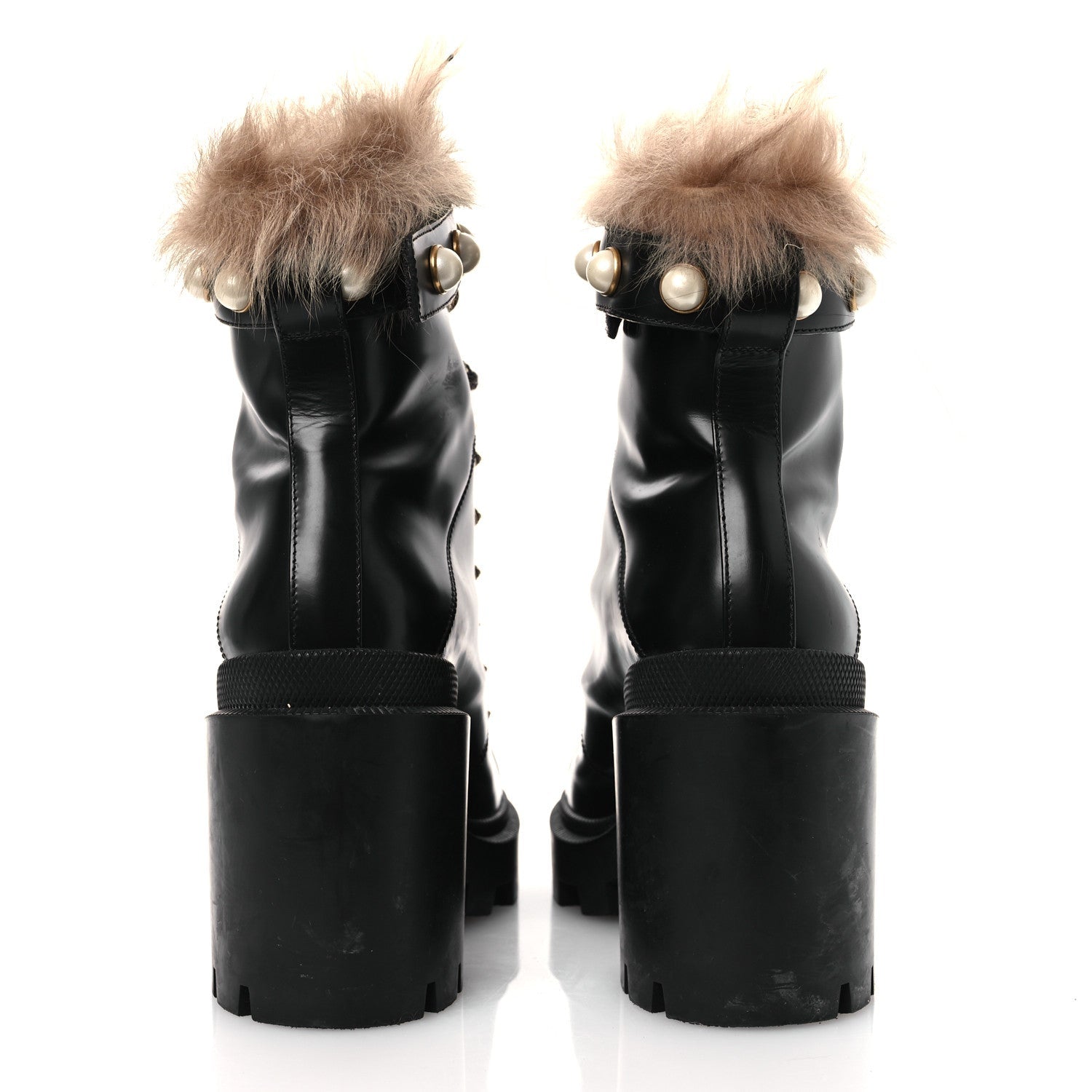 Magnum Calfskin Fur Pearl Lace Up Combat Ankle Boots 39.5 Black Naturale