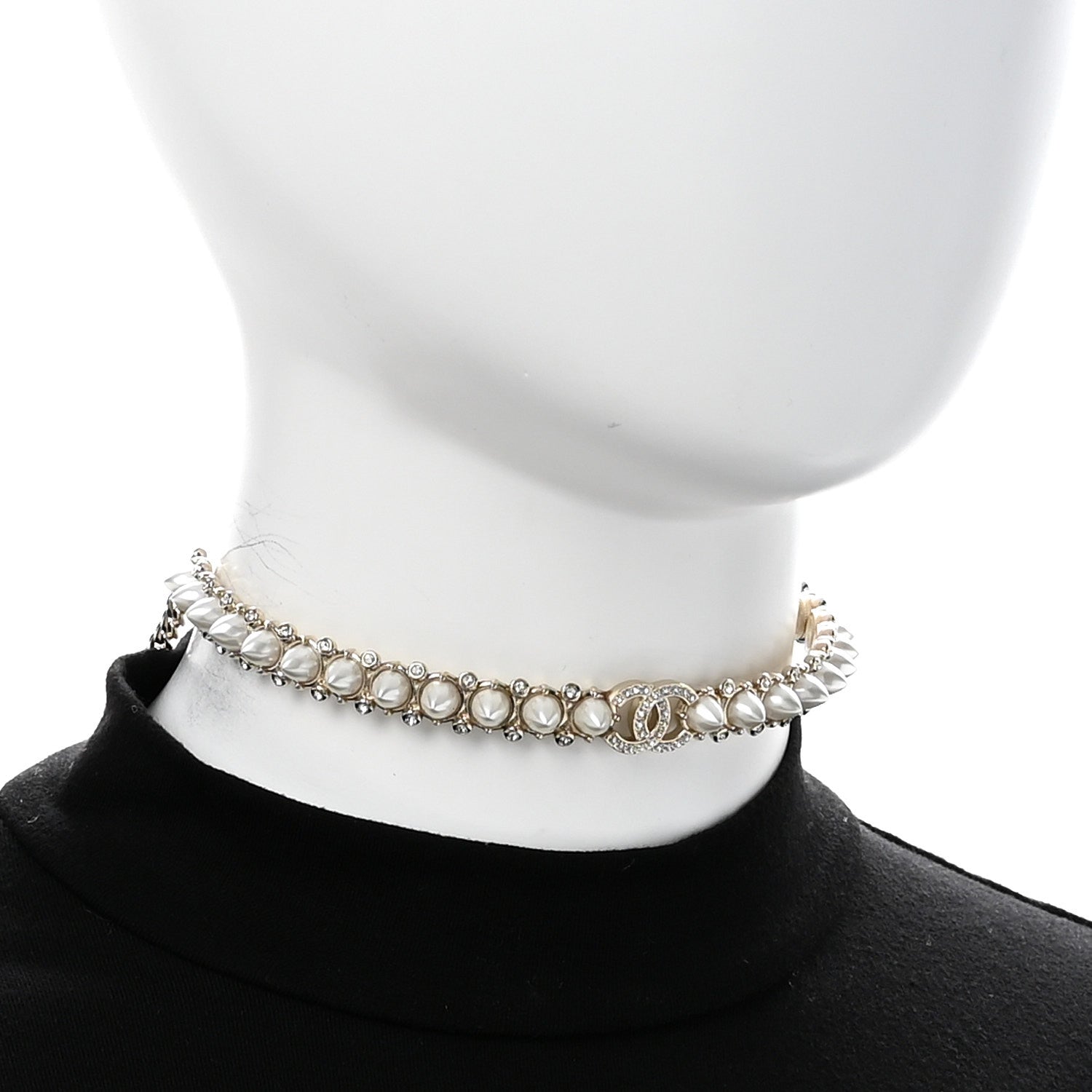 Strass Crystal Studded Pearl CC Choker Necklace Gold Pearly White