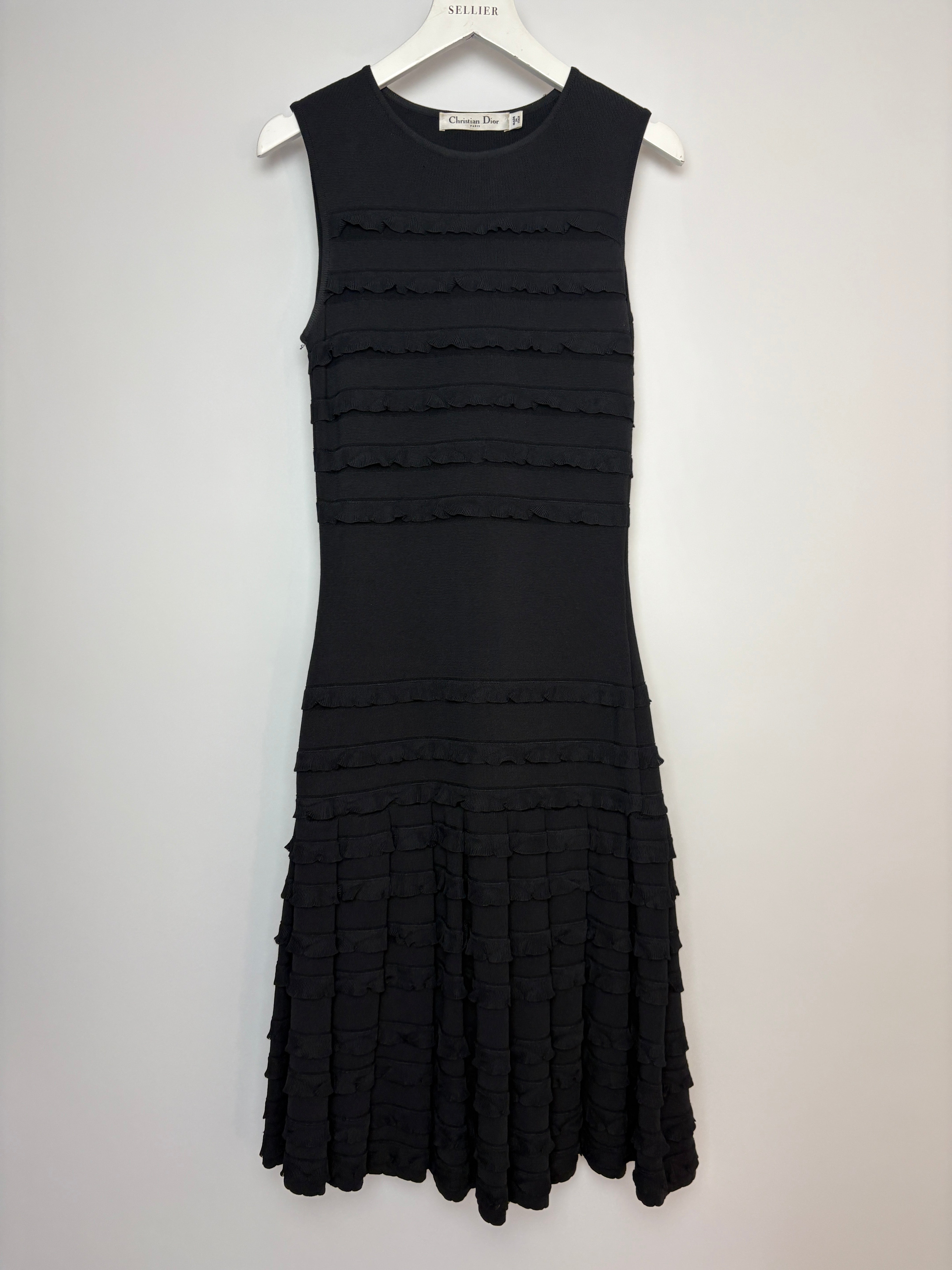 Christian Dior Black Sleeveless Knitted Midi Dress with Frill Detail FR 34 (UK 6)