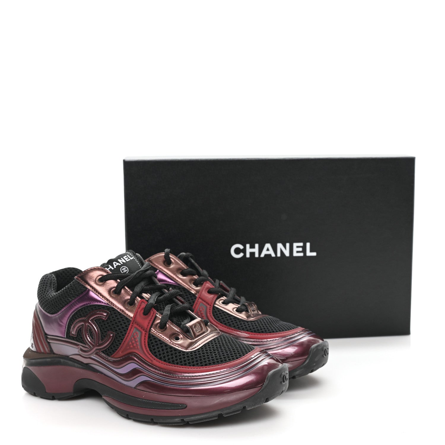 Fabric Laminated Calfskin Stretch CC Womens Sneakers 37.5 Black Purple Burgundy