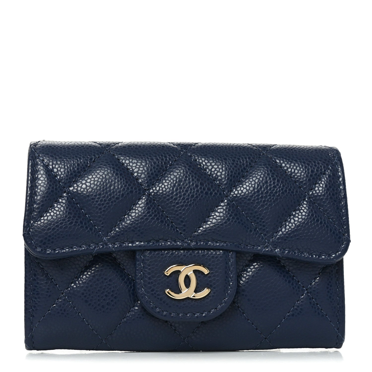 Caviar Quilted Flap Card Holder Wallet Navy Blue