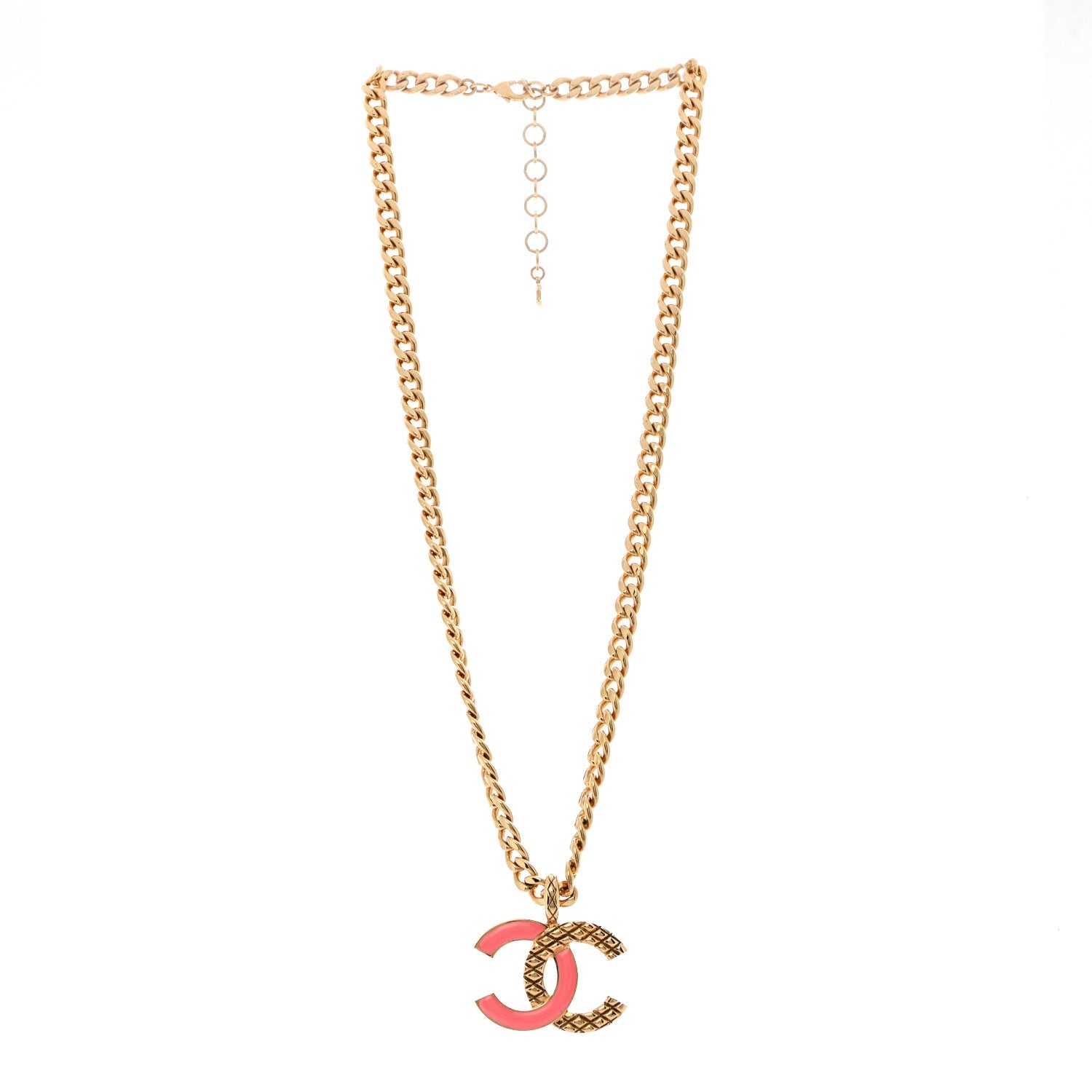 Metal Enamel Quilted CC Chain Necklace Pendant Gold Pink