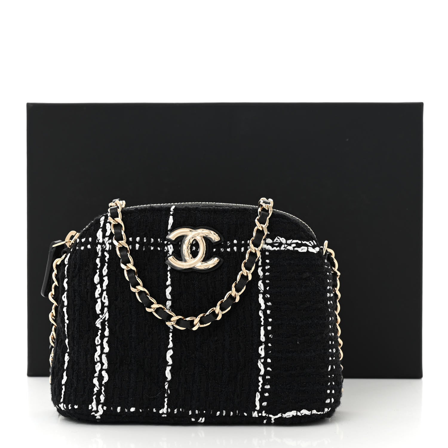Tweed Quilted Mini Clutch With Chain Black White