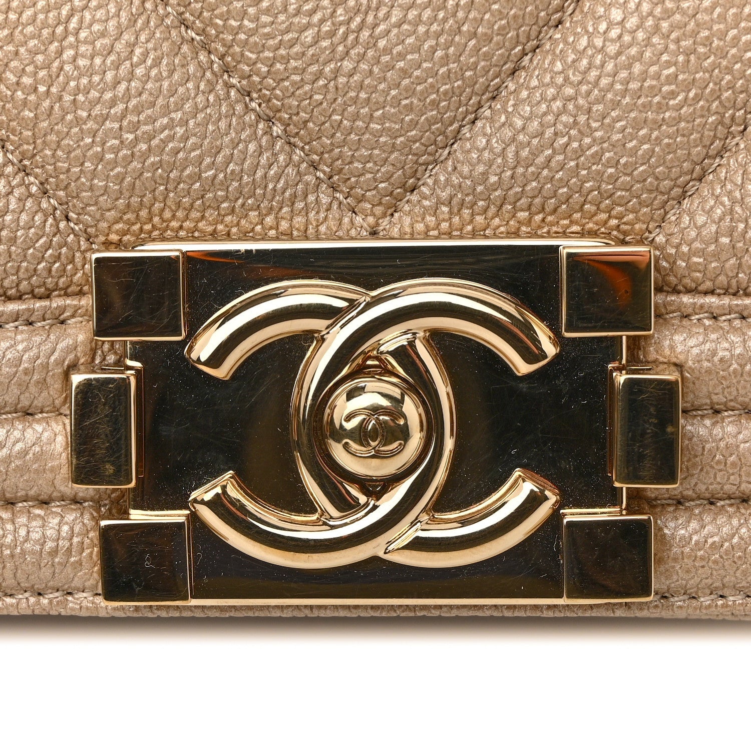 Iridescent Caviar Chevron Quilted Small Boy Flap Beige