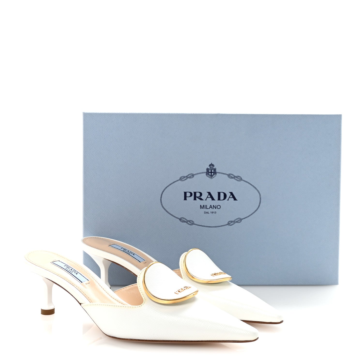 Saffiano Logo Pointed Toe 50mm Mules 36 White