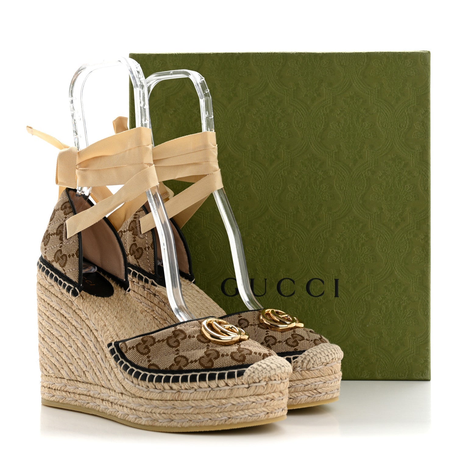 Monogram Matelasse GG Marmont Ankle Wrap Platform 35/120mm Espadrille Wedges 39.5 Beige Ebony Black Sand Storm