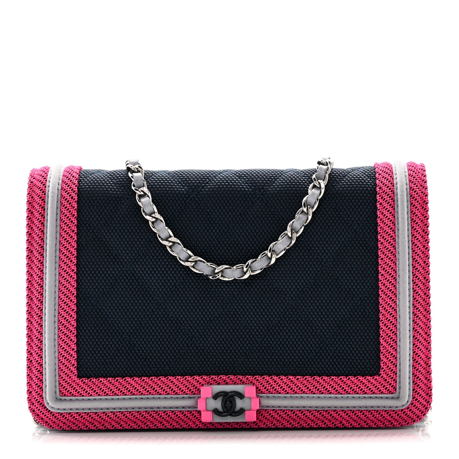 Canvas Quilted Fluo Boy Wallet On Chain WOC Dark Navy Fuchsia Grey
