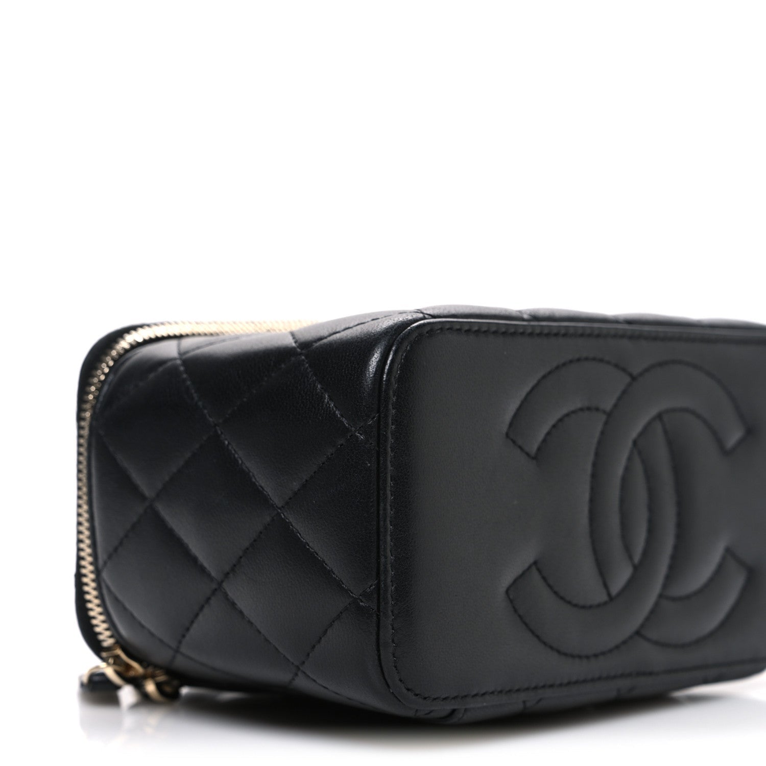 Lambskin Quilted Trendy Small Top Handle Vanity Case With Chain Black