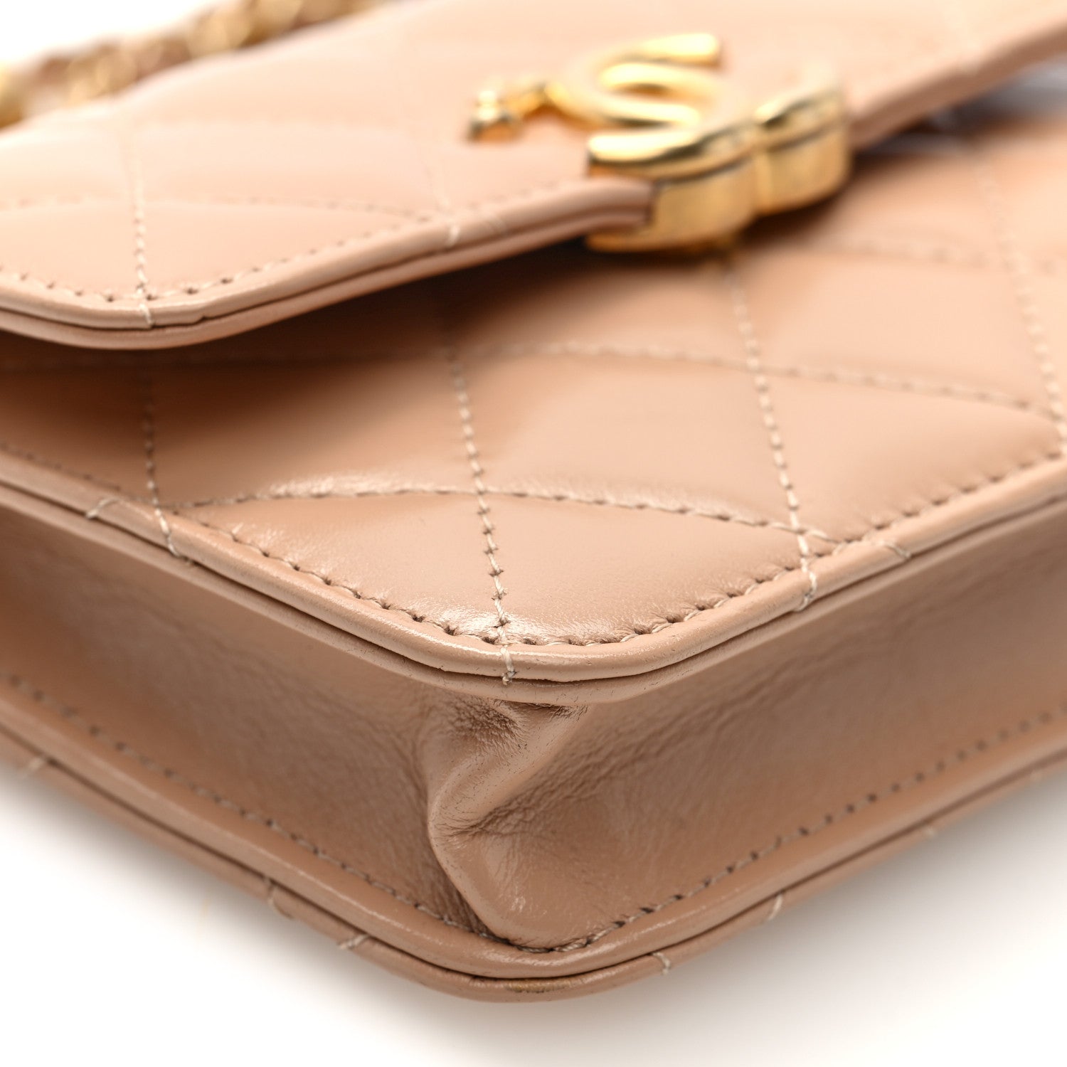 Calfskin Quilted Perfect Fit Coin Purse With Chain Beige