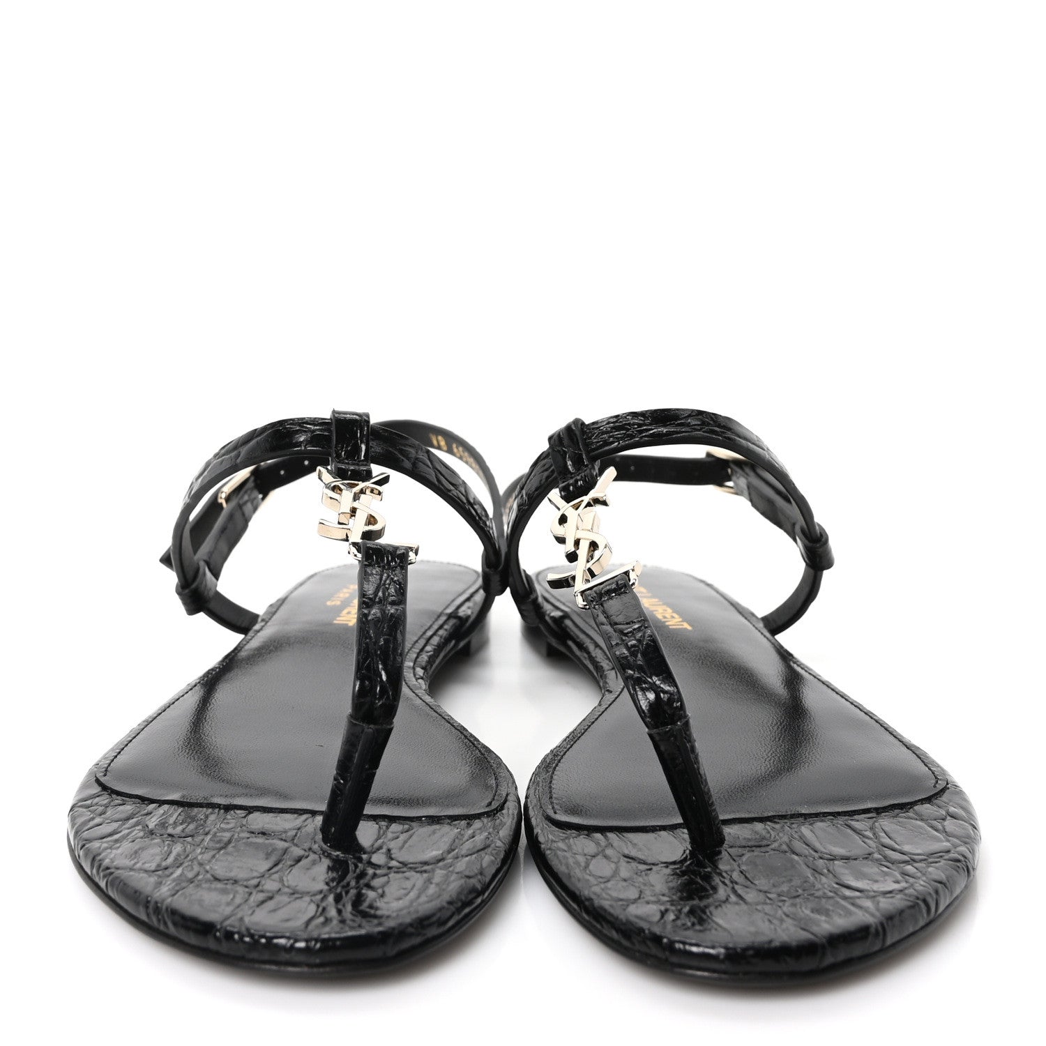 Calfskin Crocodile Embossed Cassandra Monogram Sandals 35.5 Black