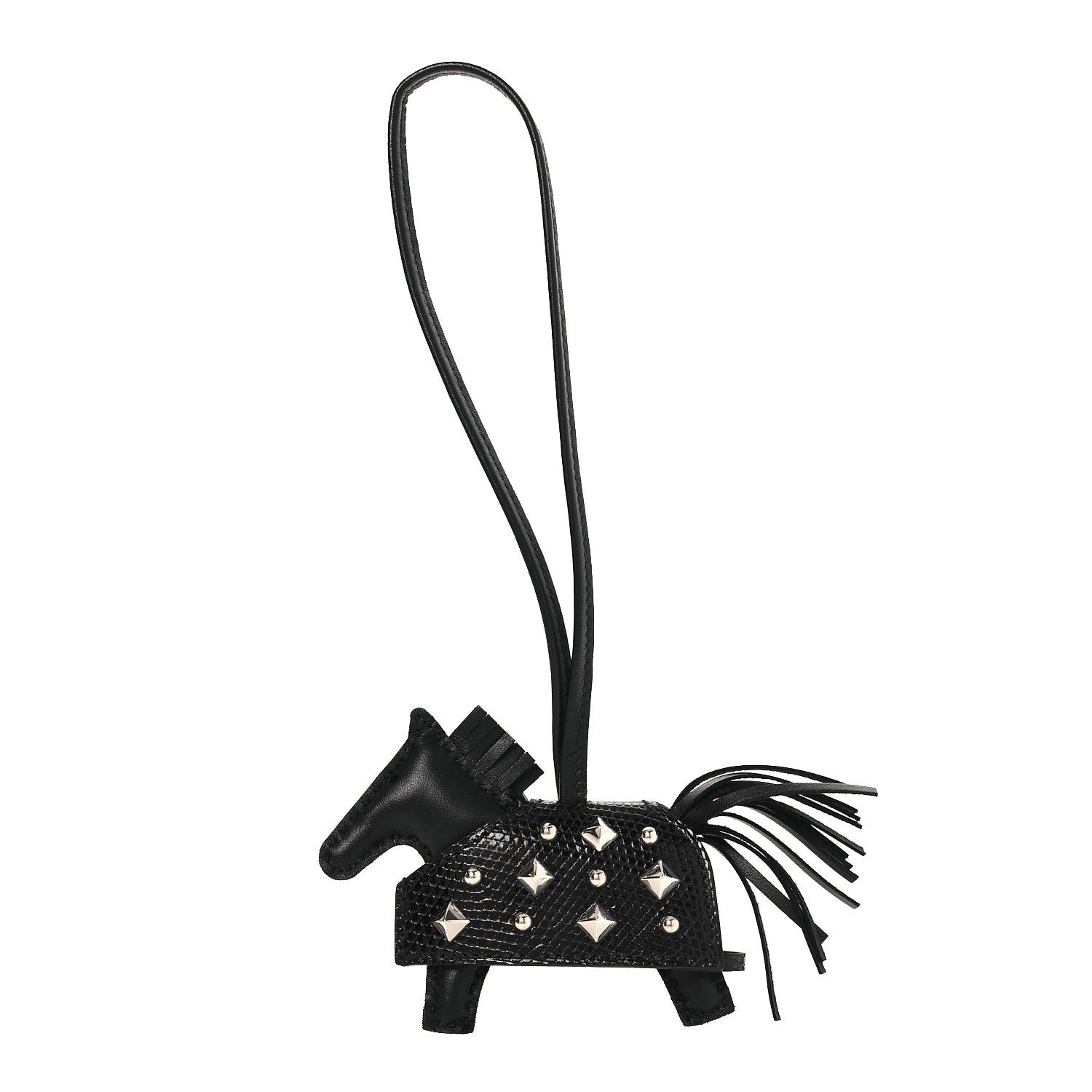 Milo Lambskin Niloticus Lizard Touch Studded Grigri Rodeo Robeo Rock Horse Bag Charm PM Black