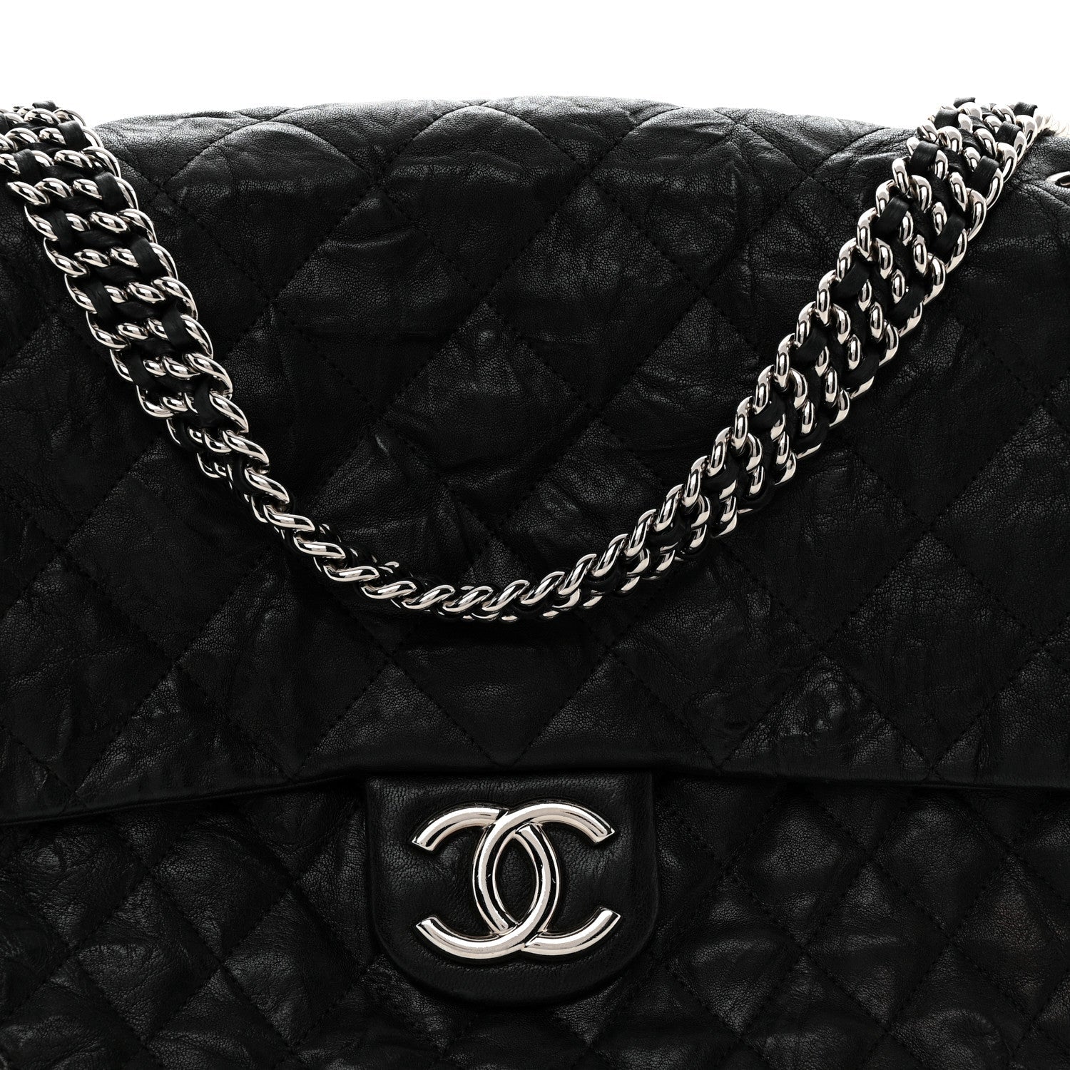 Washed Lambskin Quilted Maxi Chain Around Flap Black