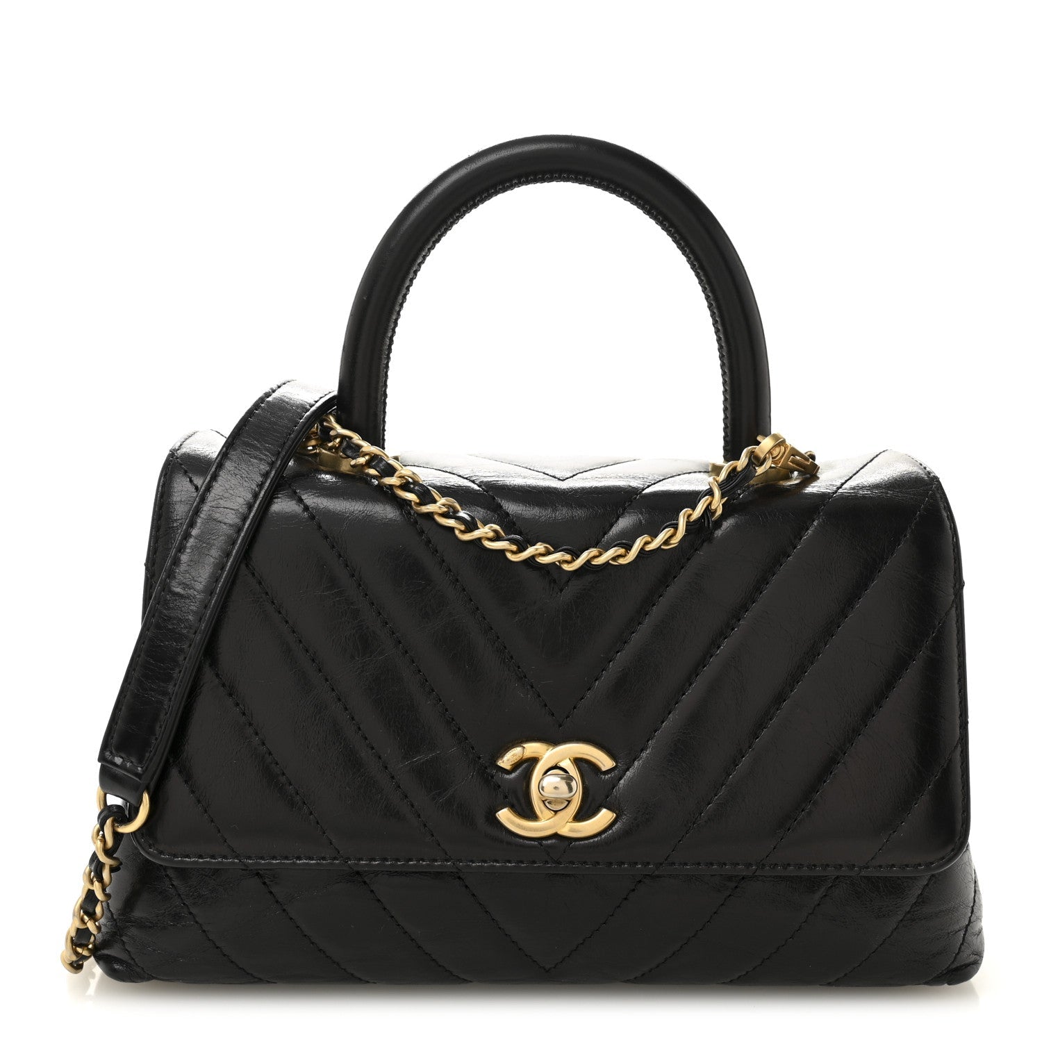 Aged Calfskin Chevron Quilted Mini Coco Handle Flap Black