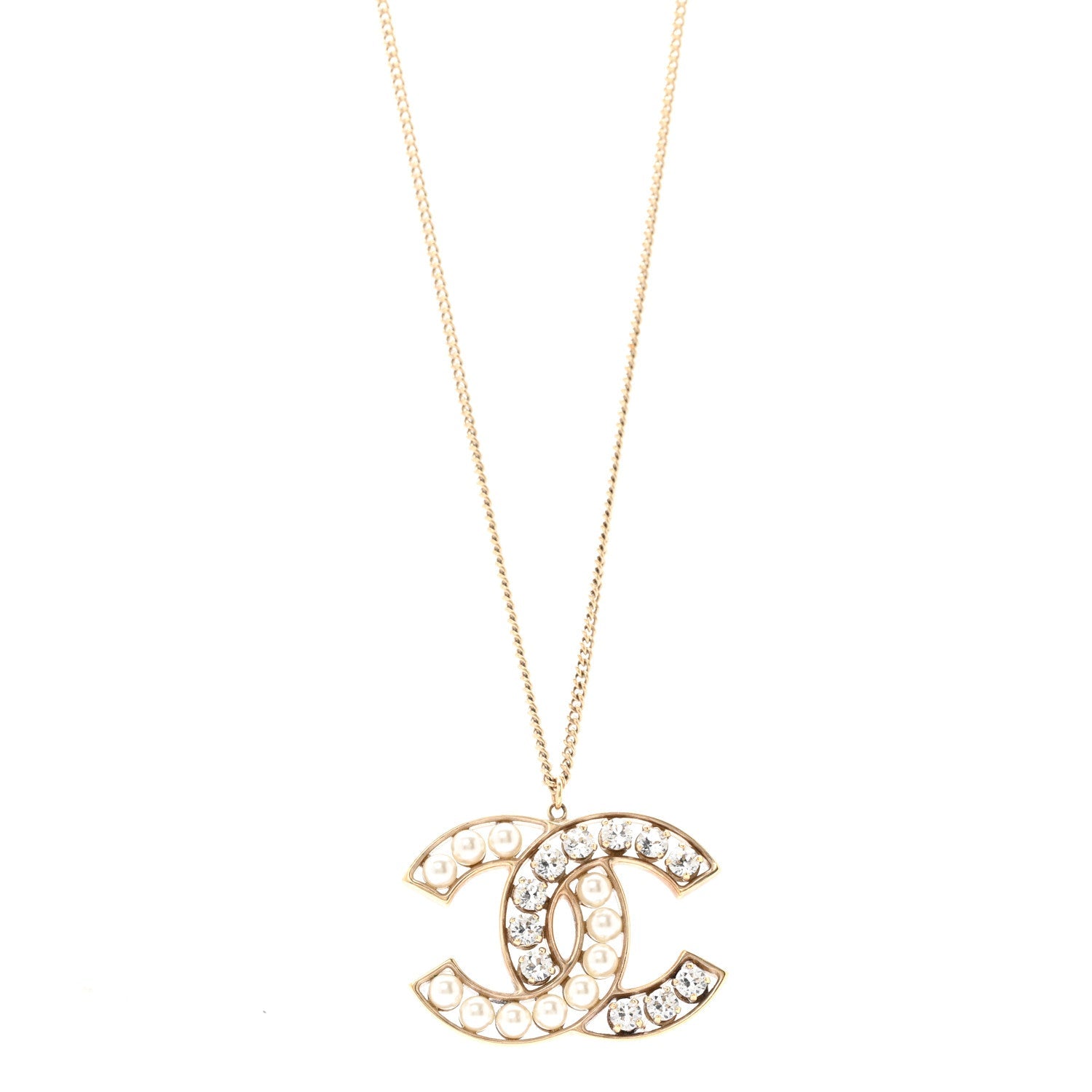 Pearl Crystal CC Pendant Necklace Gold