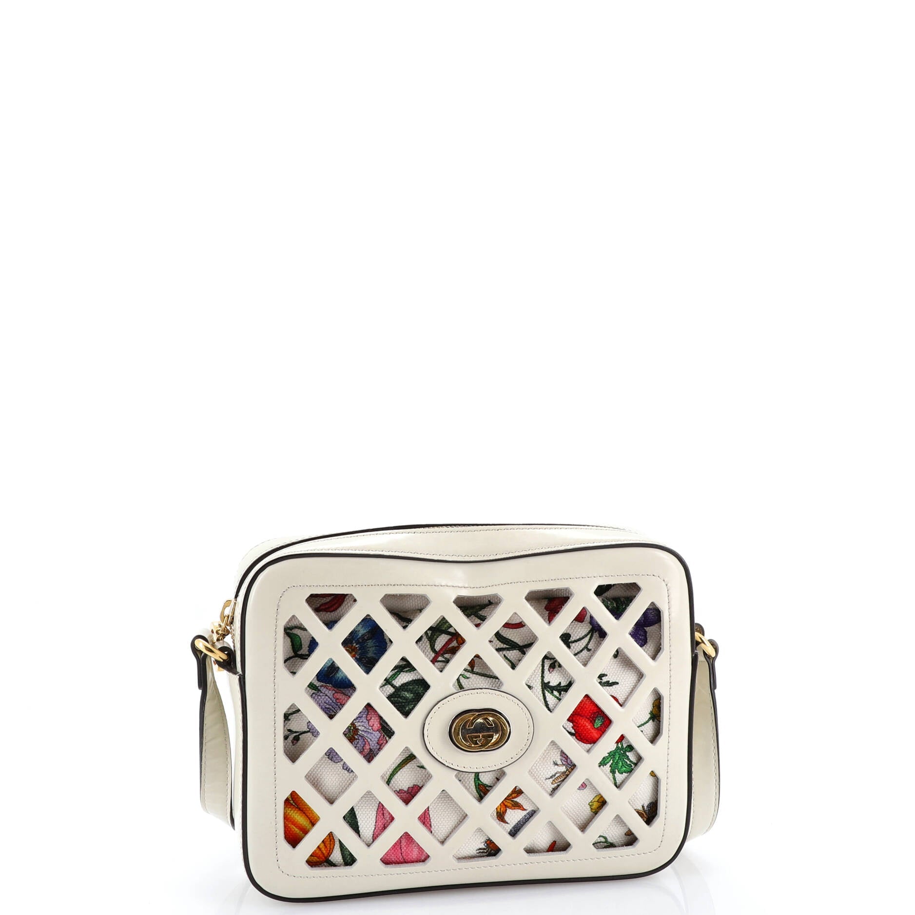 Camera Crossbody Bag Cutout Leather with Flora Canvas Small
