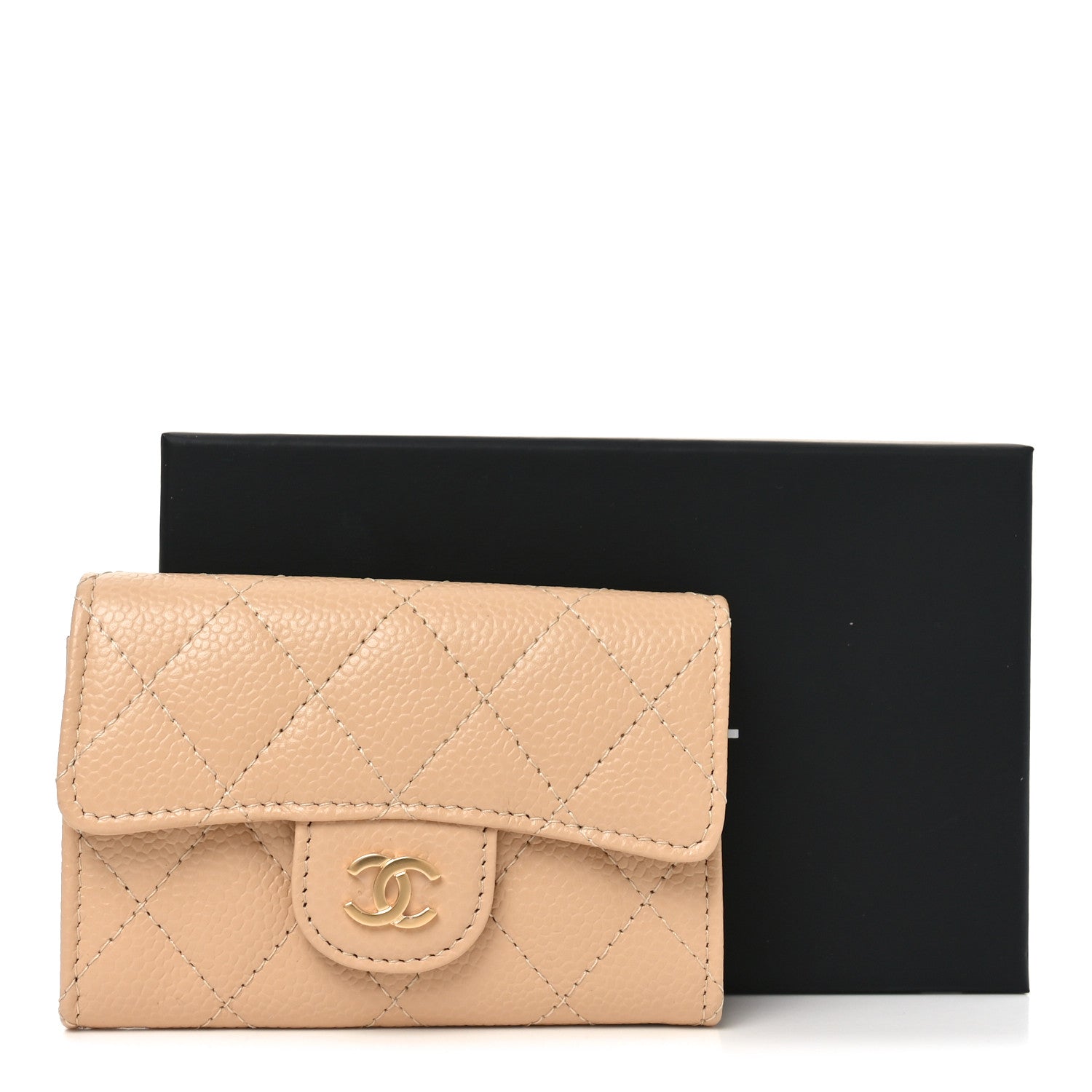 Caviar Quilted Flap Card Holder Wallet Beige