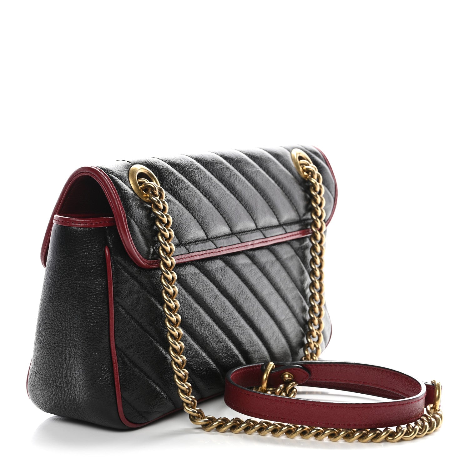 Vintage Effect Calfskin Matelasse Diagonal Small Torchon GG Marmont Shoulder Bag Black Romantic Cherry