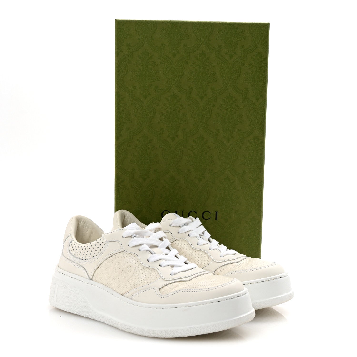 Calfskin GG Tennis Embossed Perforated Womens Platform 55mm Sneakers 38 Great White