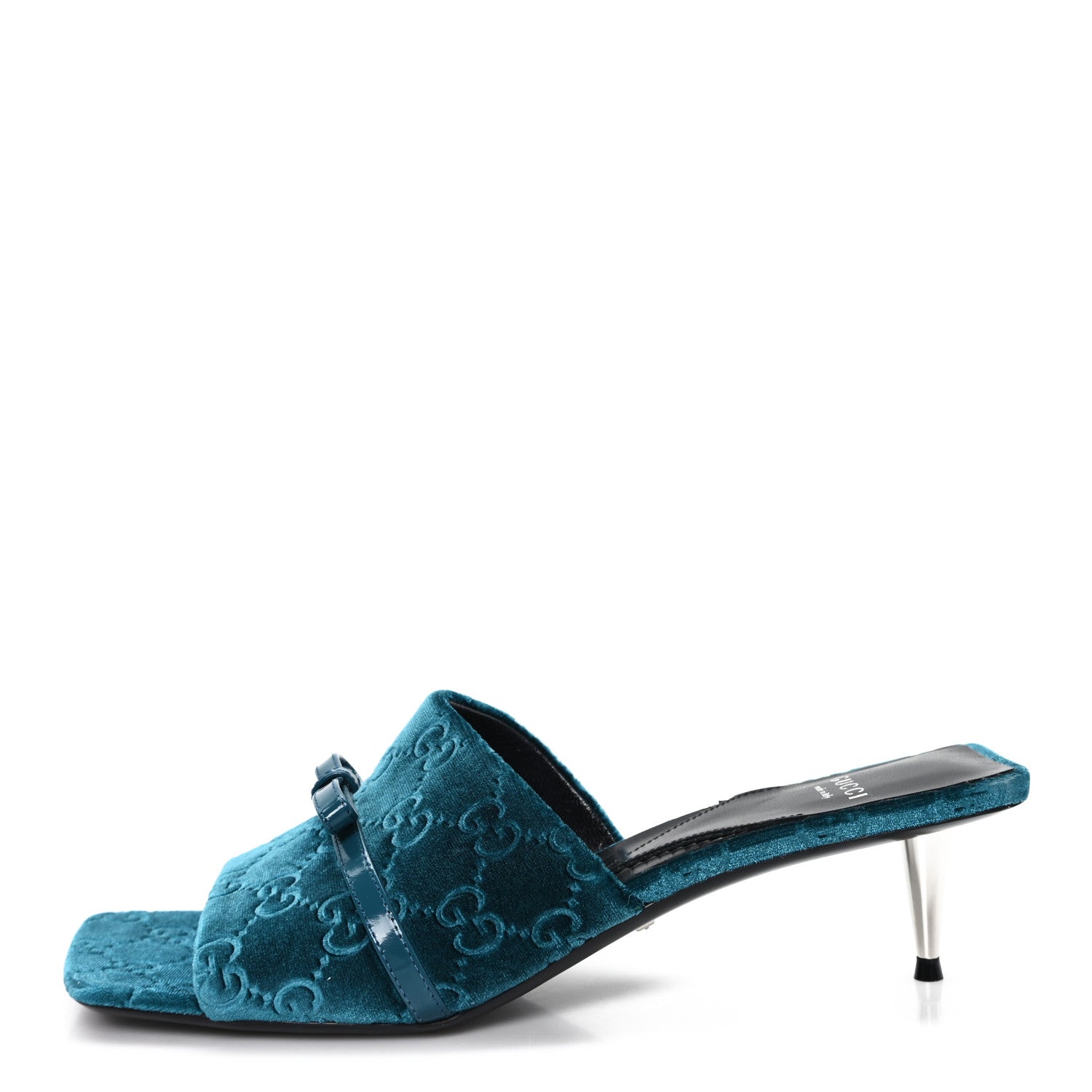 New Velvet Ashmir Regent Calfskin GG Monogram Square Toe Bow 45mm Slide Sandals Peacock Blue 39.5