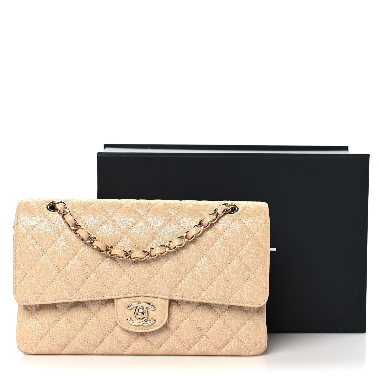 Iridescent Caviar Quilted Medium Double Flap Beige