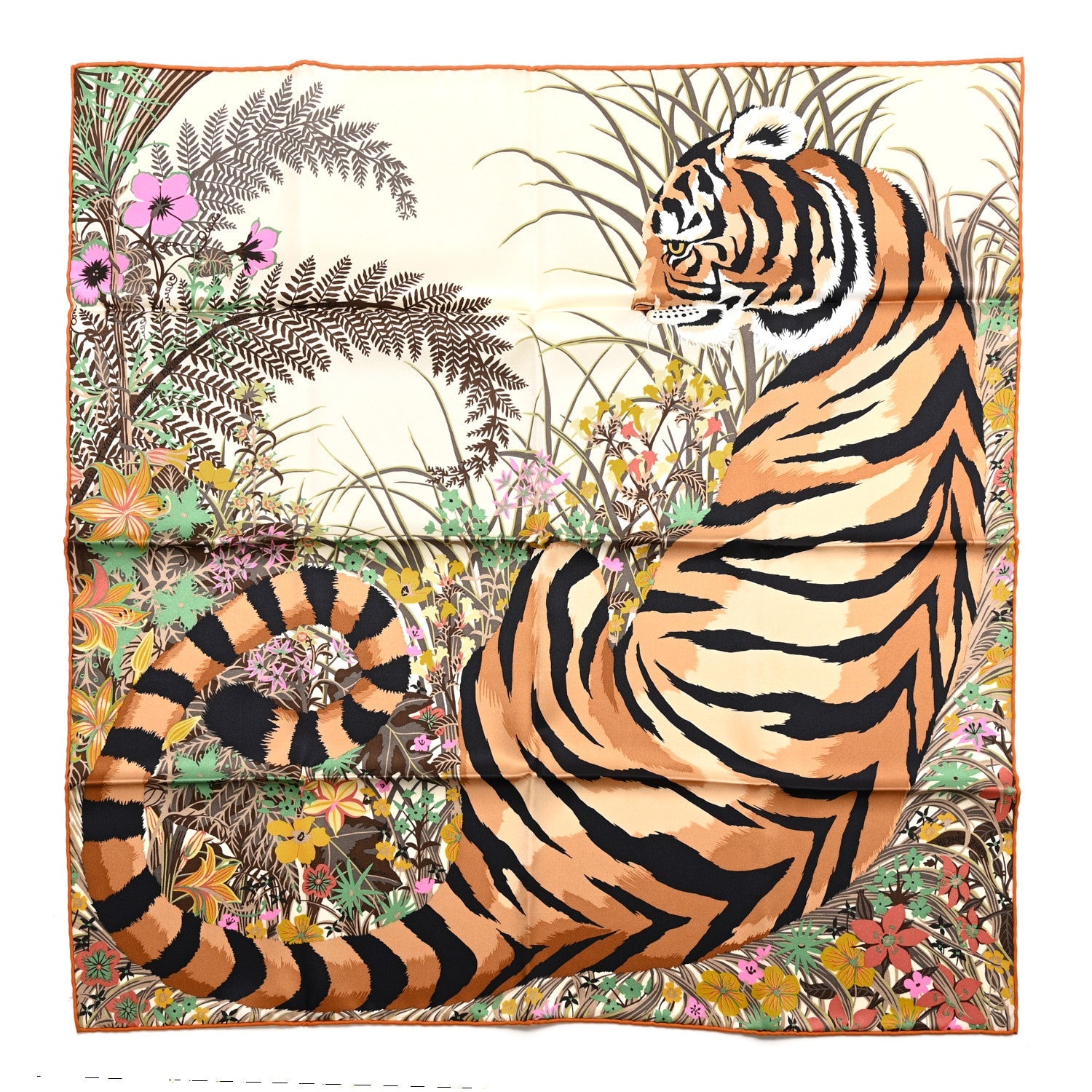Silk Tyger Tyger Scarf 70 Beige Dore Orange Cuit Vert