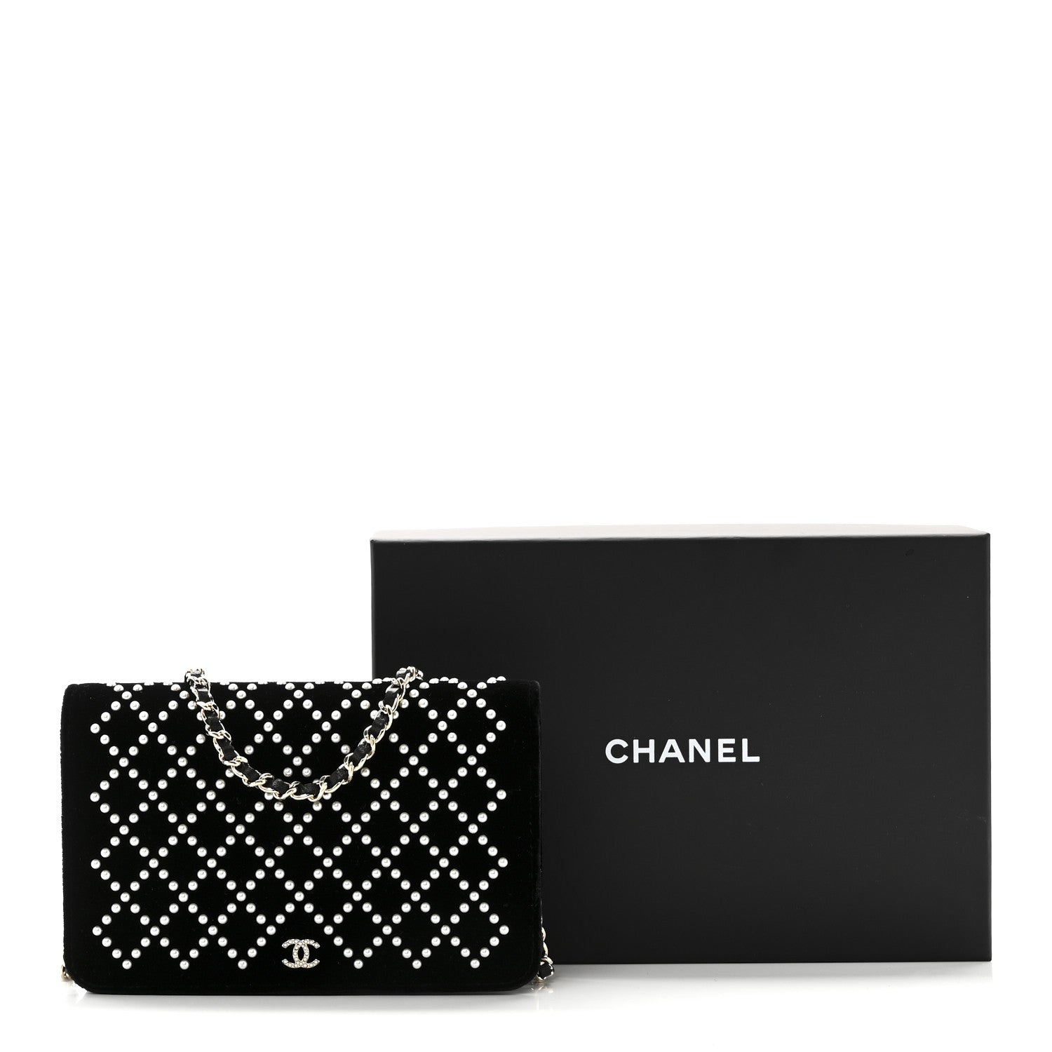 Velvet Pearl Diamond Embellished Wallet On Chain WOC Black
