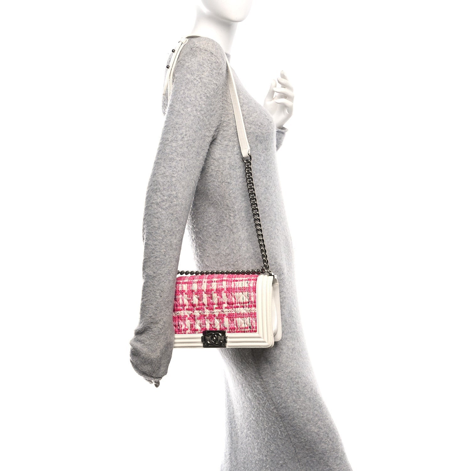 Patent Tweed Medium Boy Flap White