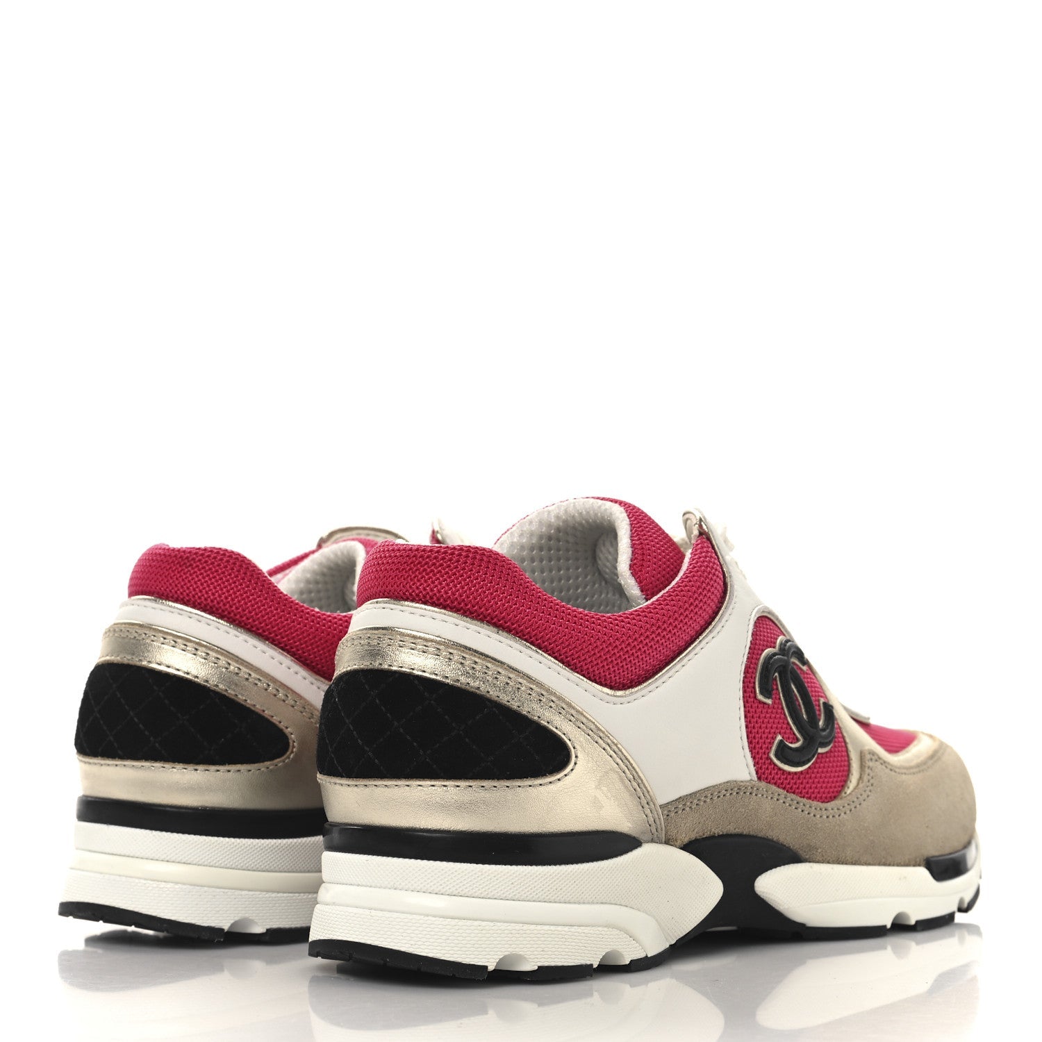 Mesh Suede Metallic Calfskin Womens CC Sneakers 39 White Pink Beige Gold