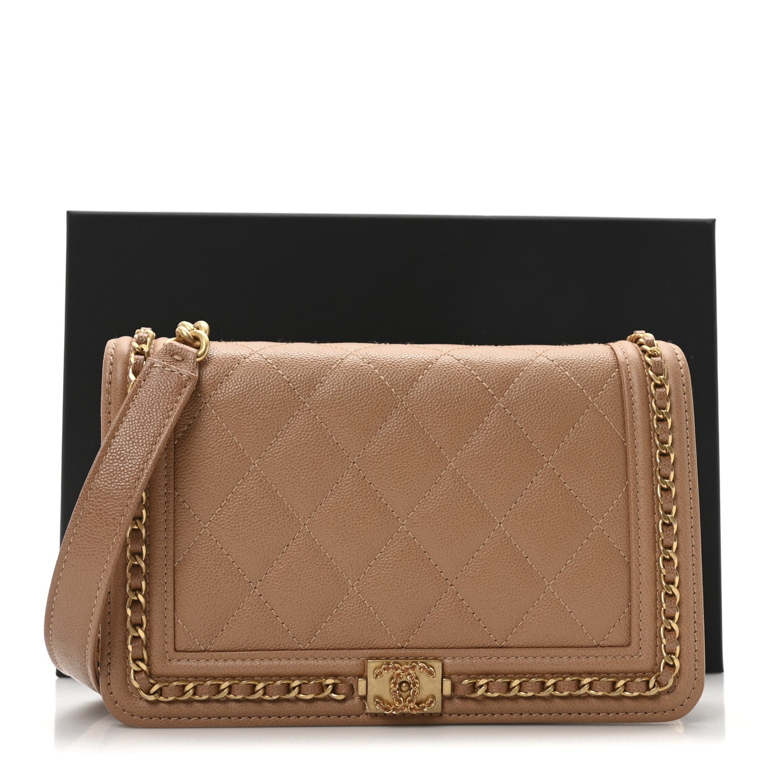 Caviar Quilted Chain Around Boy Wallet On Chain WOC Beige