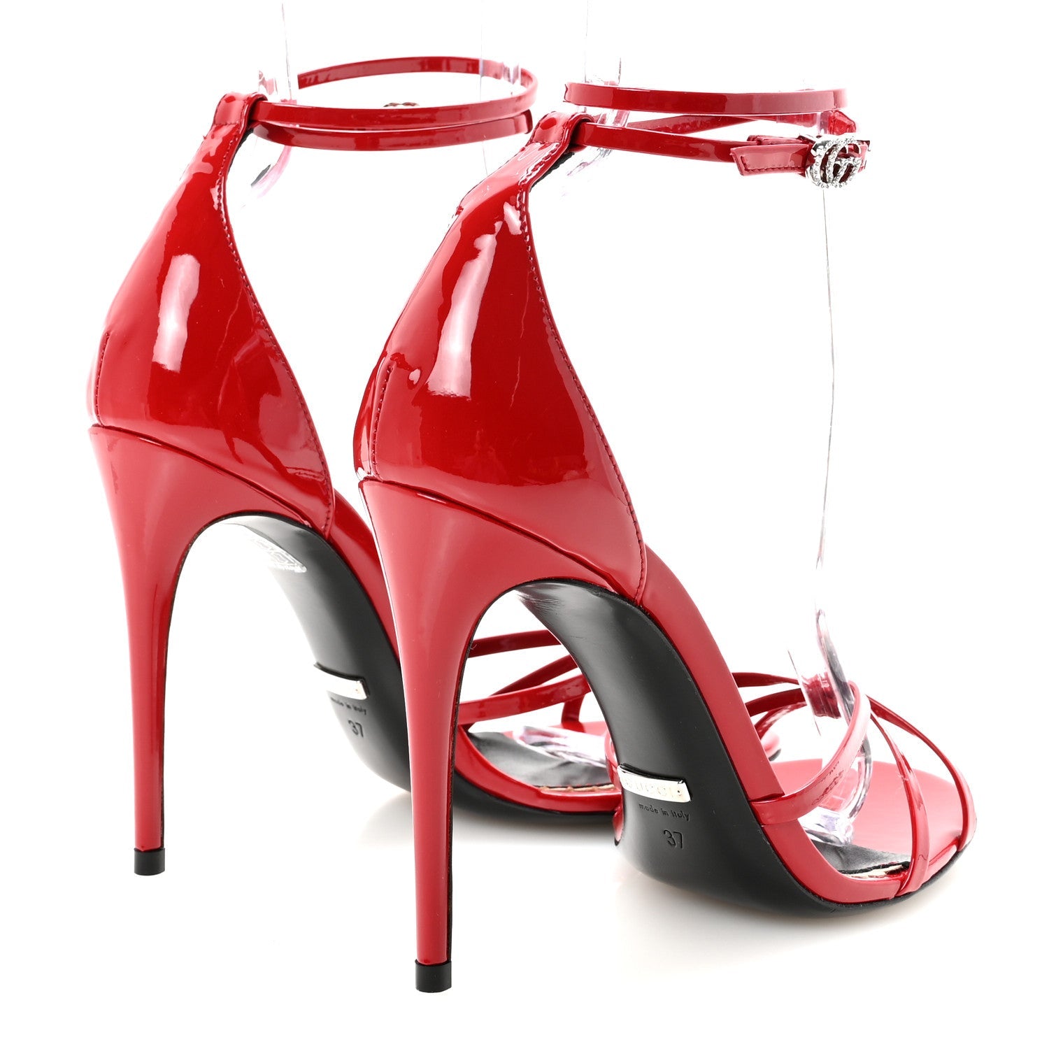 Patent Crystal Double G Ankle Wrap Sandals 37 Red