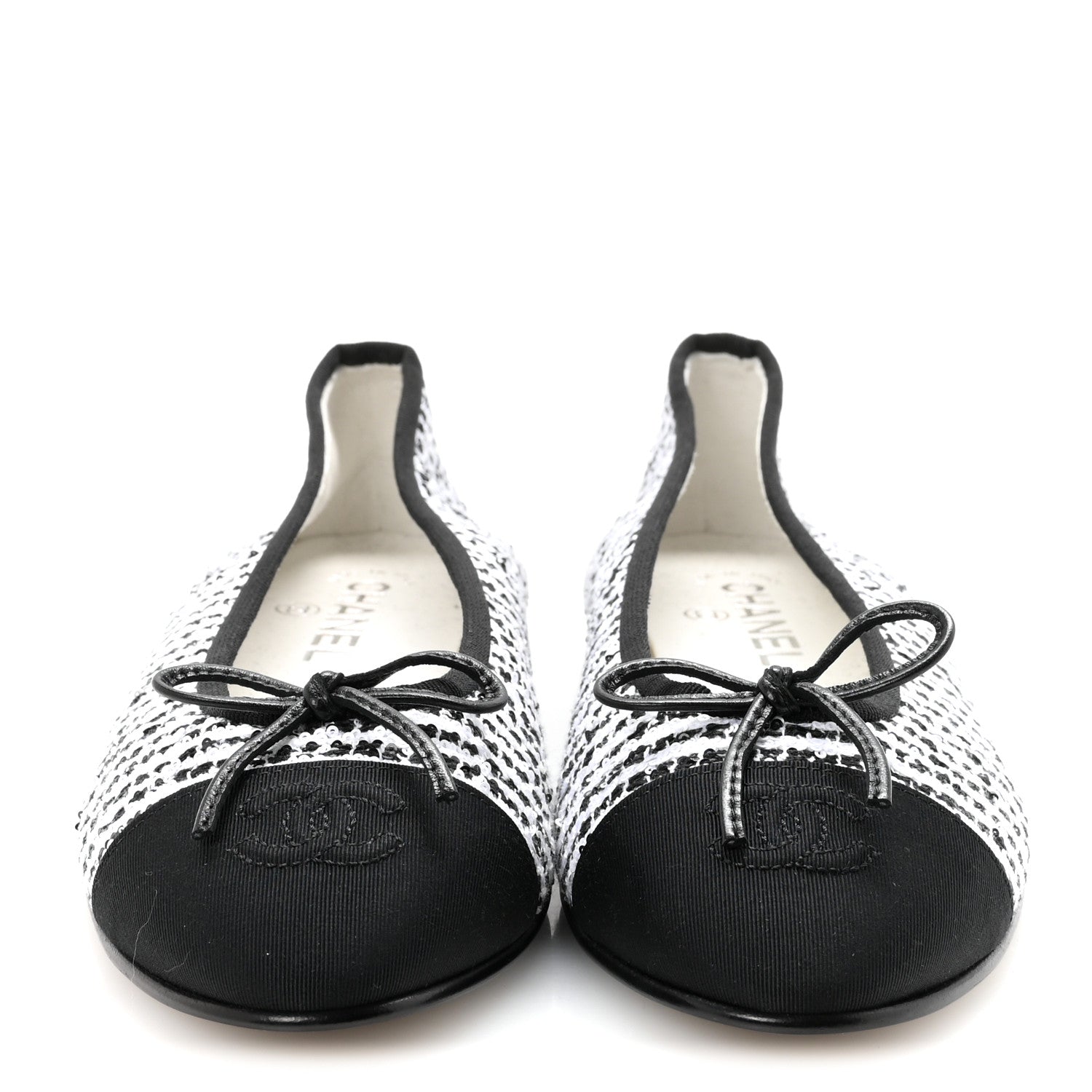 Tweed Sequin Grosgrain Cap Toe Ballerina Flats 39 Black White