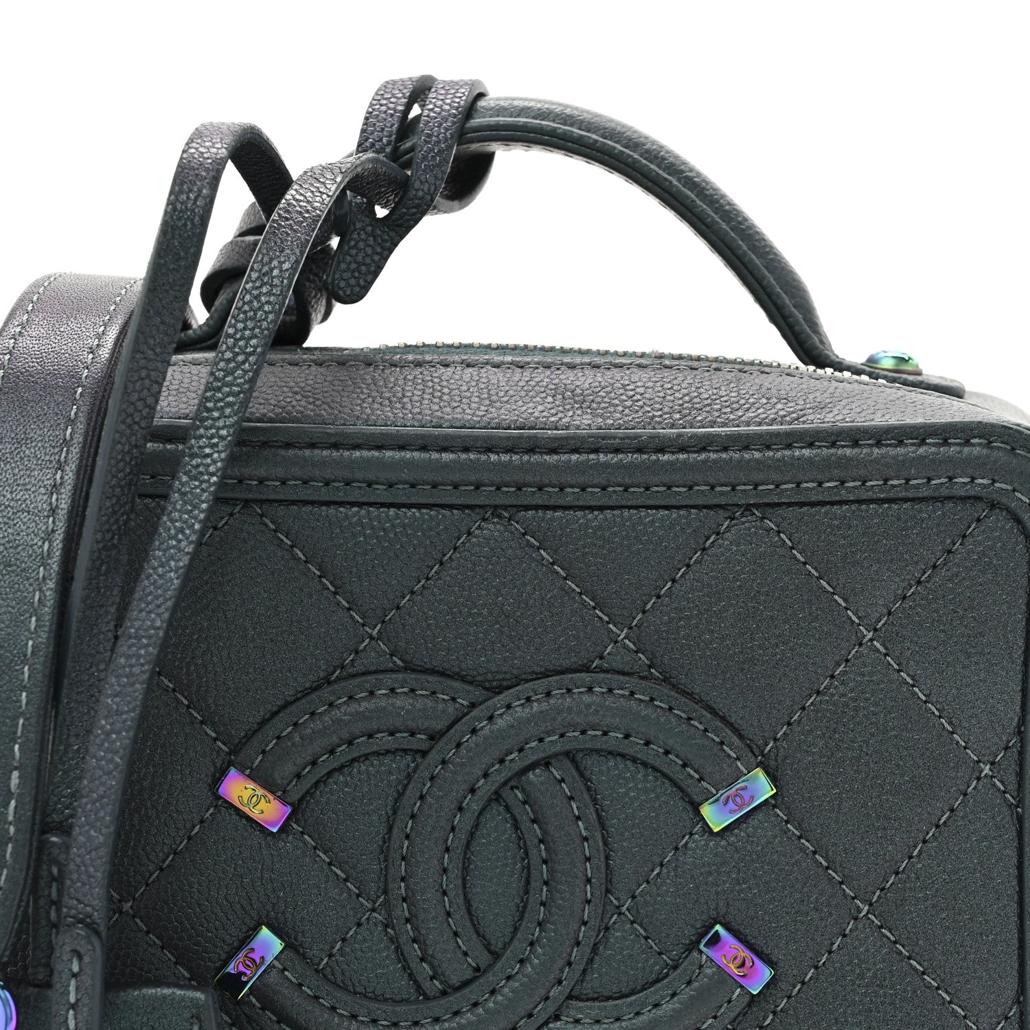 Iridescent Caviar Quilted Small CC Filigree Vanity Case Dark Turquoise
