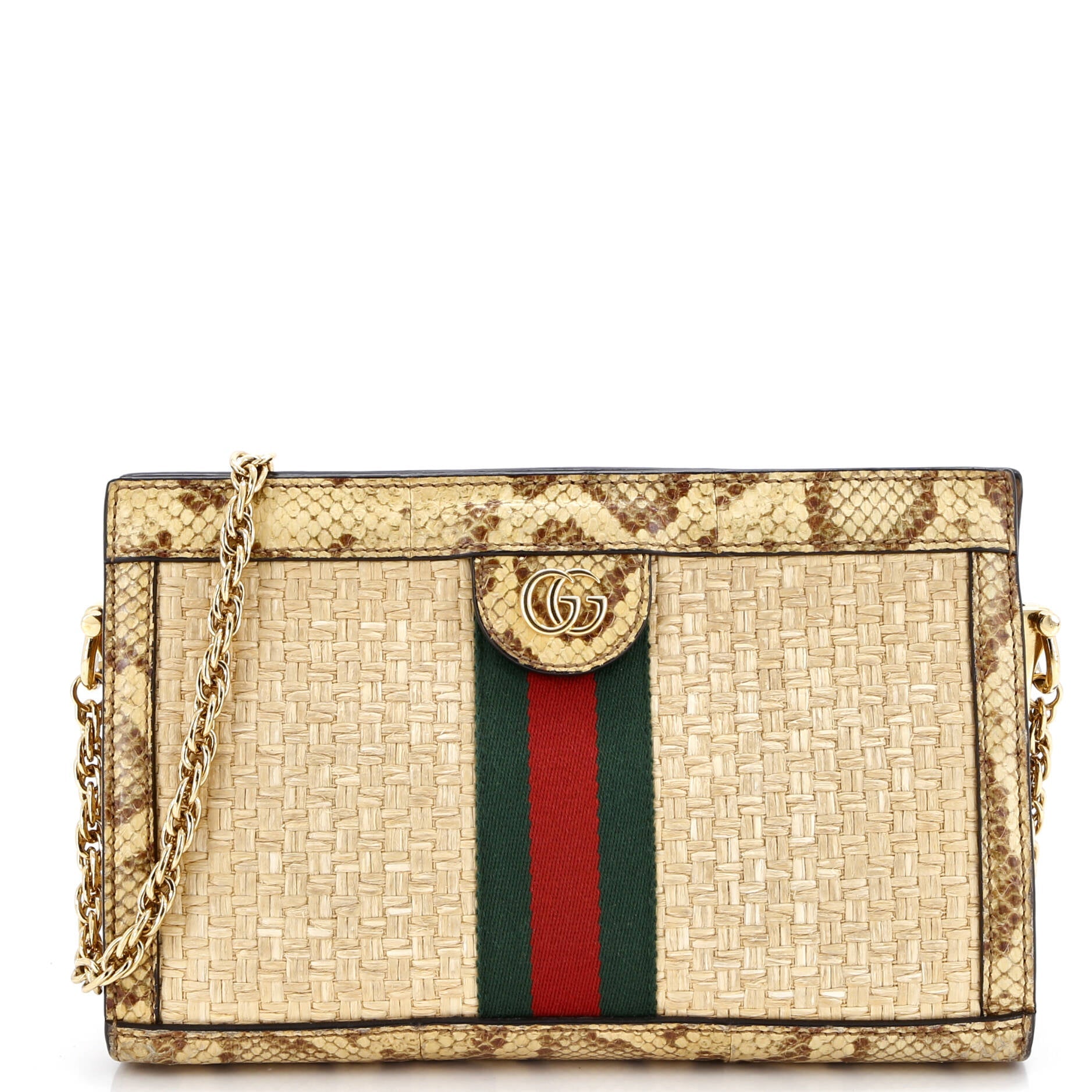 Ophidia Chain Shoulder Bag Raffia with Snakeskin Small