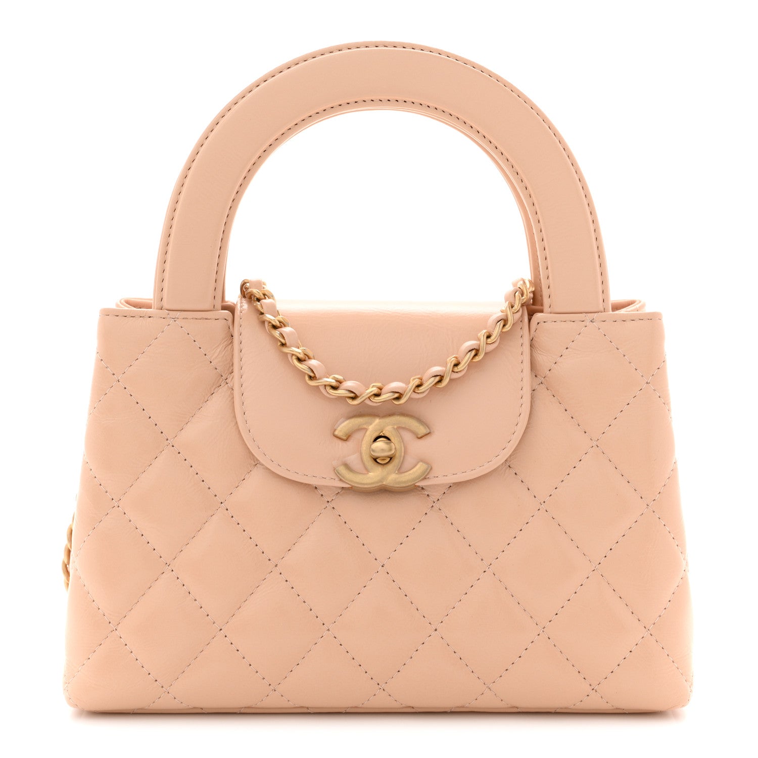 Shiny Aged Calfskin Quilted Nano Kelly Shopper Beige