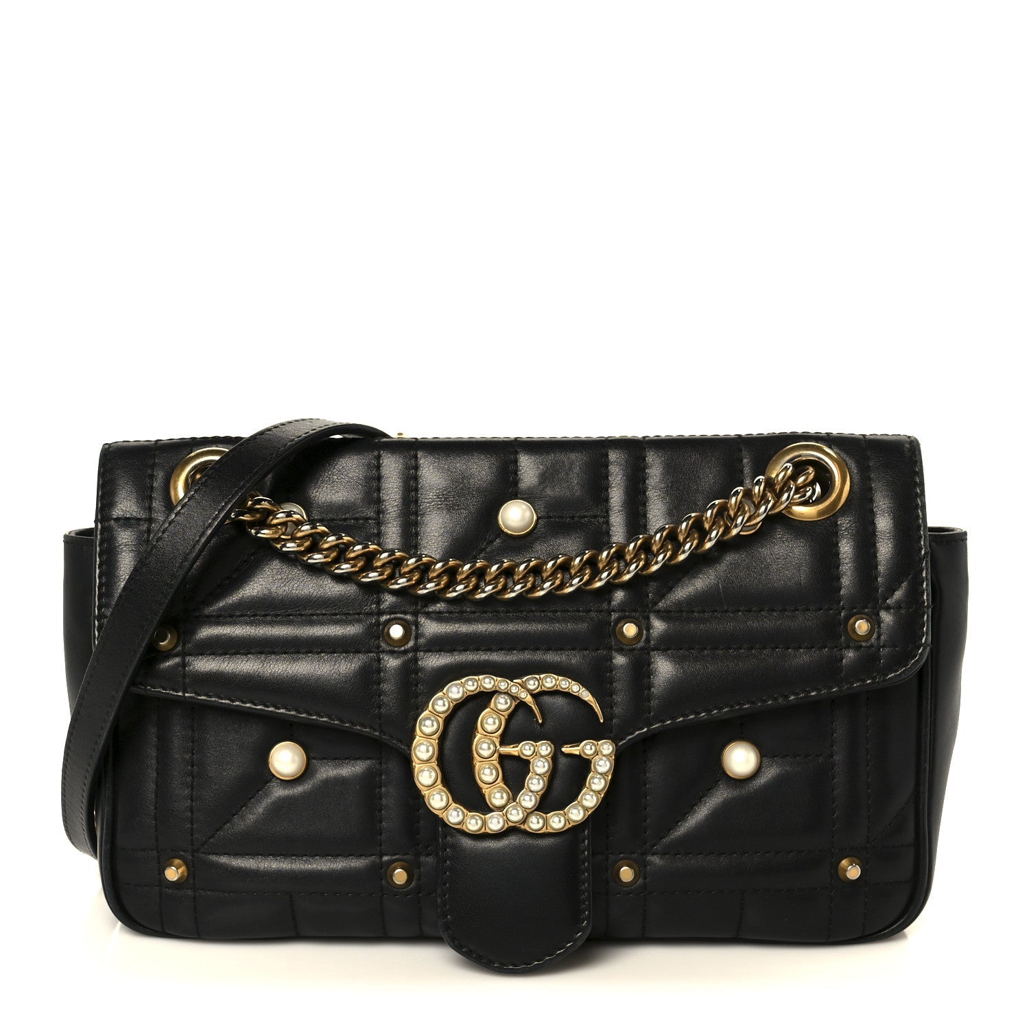 Calfskin Matelasse Studded Small Pearly GG Marmont Shoulder Bag Black