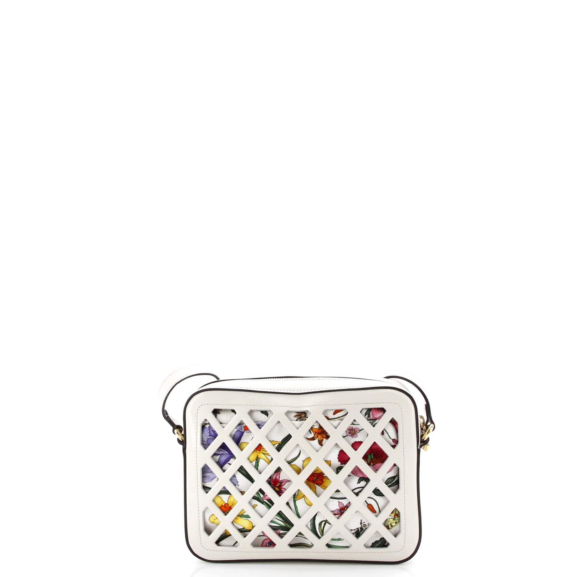 Camera Crossbody Bag Cutout Leather with Flora Canvas Small