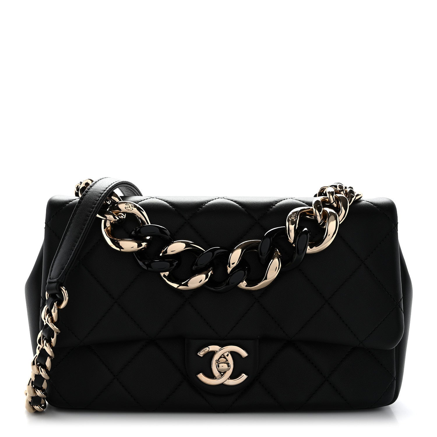 Lambskin Quilted Resin Bi-Color Chain Flap Bag Black