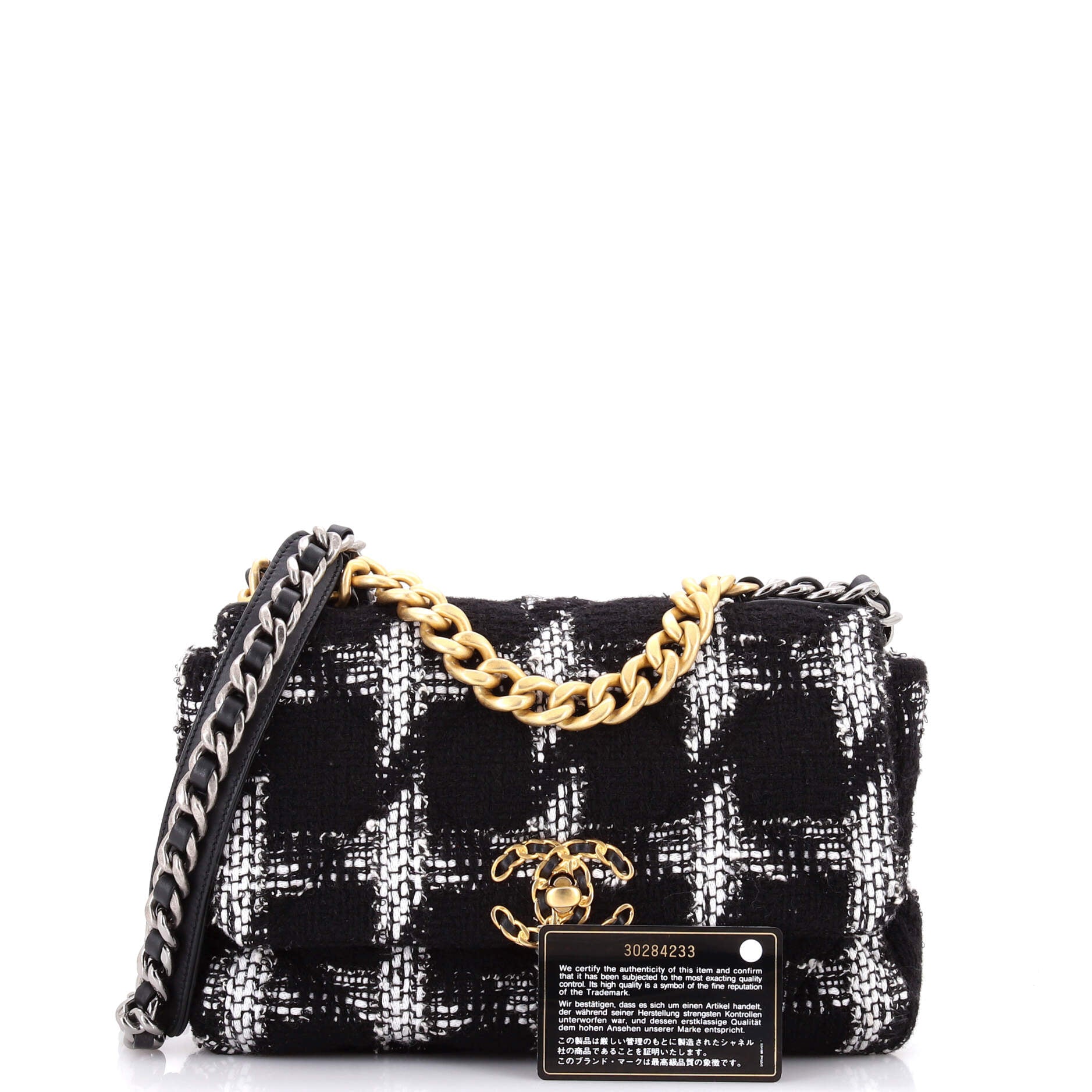 19 Flap Bag Quilted Houndstooth Tweed and Ribbon Medium
